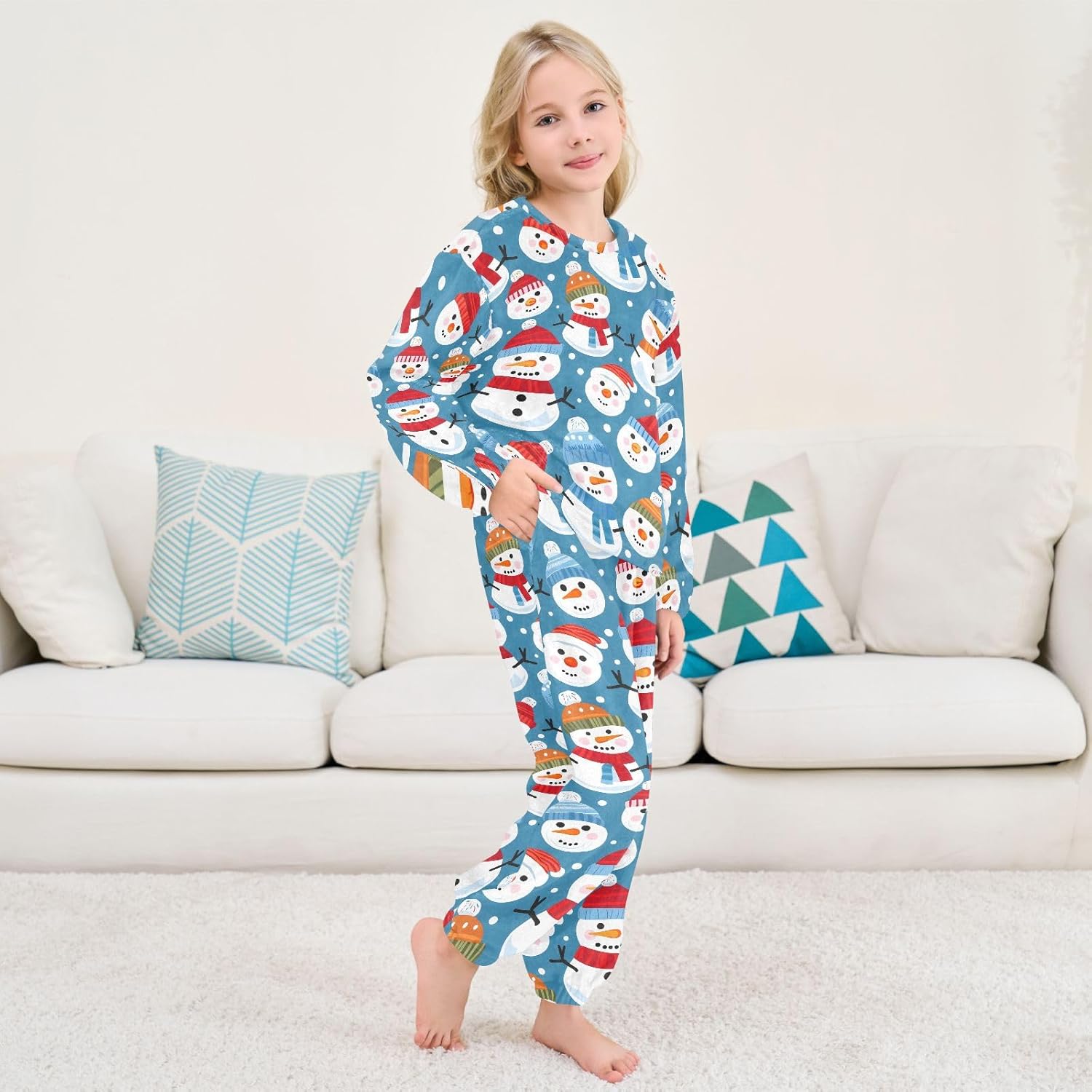 Kids Flannel Sets Snowman Heads Warm Plush Relaxed Clothing for Boys and Girls