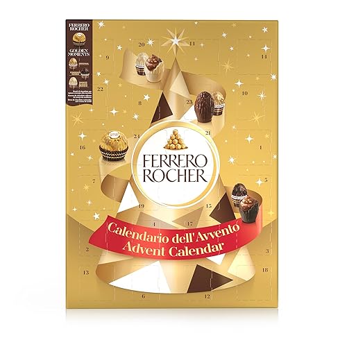 Ferrero Rocher - Calendario Avvento 2025, 24 Specialità Assortite, Ferrero Rocher Original e Tre Ricette Golden Moments al Cioccolato al Latte, Bianco e Fondente, Idea Regalo, Confezione da 258 gr