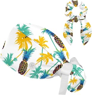 FVQL 2 Pieces Surgical Cap for Long Hair Scrub Cap with Hairband Nurse Cap, Palm Tree Leaf and Pineapple