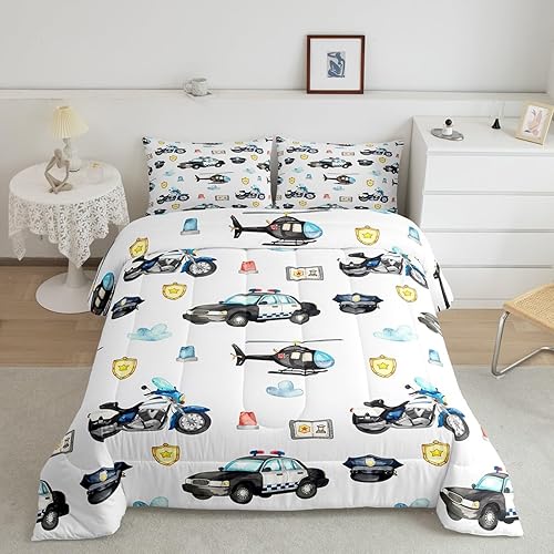 Miniatura 22 de Erosebridal Juego de edredón para niños, camión de bomberos, camión de bomberos, tamaño matrimonial, edredón acolchado de vehículo de policía, Color