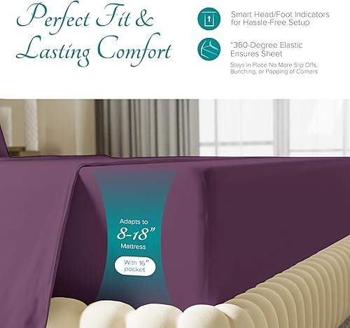 Miniatura 5 de Carressa Linen Juego de sábanas de algodón egipcio suave de fibra larga de 800 hilos, juego de 4 piezas, sábanas tamaño Queen, hasta 17 pulgadas de