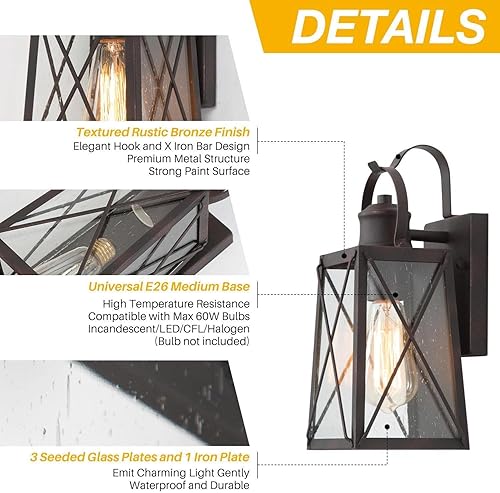 Miniatura 6 de Outdoor Wall Lights 2 Pack, Exterior Wall Sconces Light Fixture with Seeded Glass, Waterproof and Anti-Rust Lanterns for Front Door, Entry, Porch,