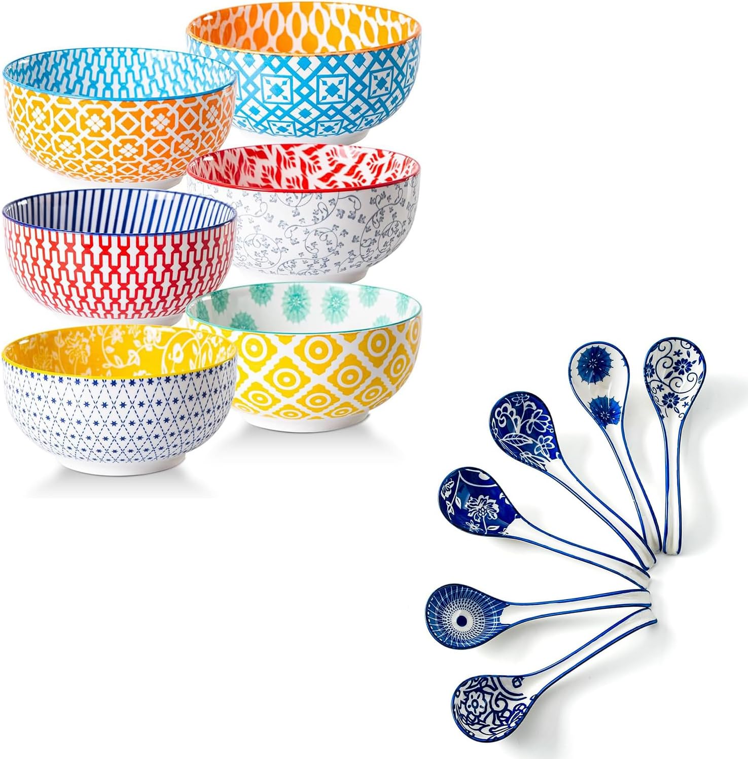 12 Pieces Ceramic Dinnerware - 23 Oz Soup Bowls and 6.3 Inch Soup Spoons - Service for 6