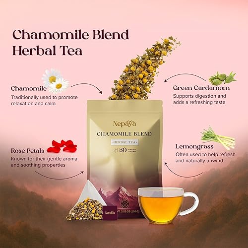 Miniatura 3 de Nepaya Bolsas de té de hierbas de manzanilla  50 bolsas de pirámide, mezcla de manzanilla del Himalaya y citronela, biodegradable, té para dormir