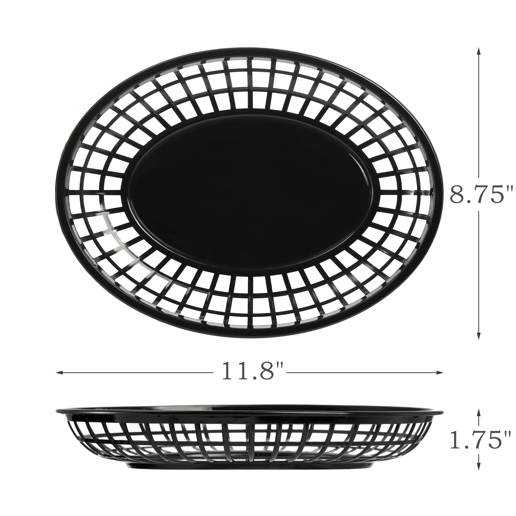Kingrol 24 Pack Large Oval Plastic Fast Food Baskets for Restaurant, Kitchen, Office, Party, Picnic, 30 x 22 x 4 cm, Black