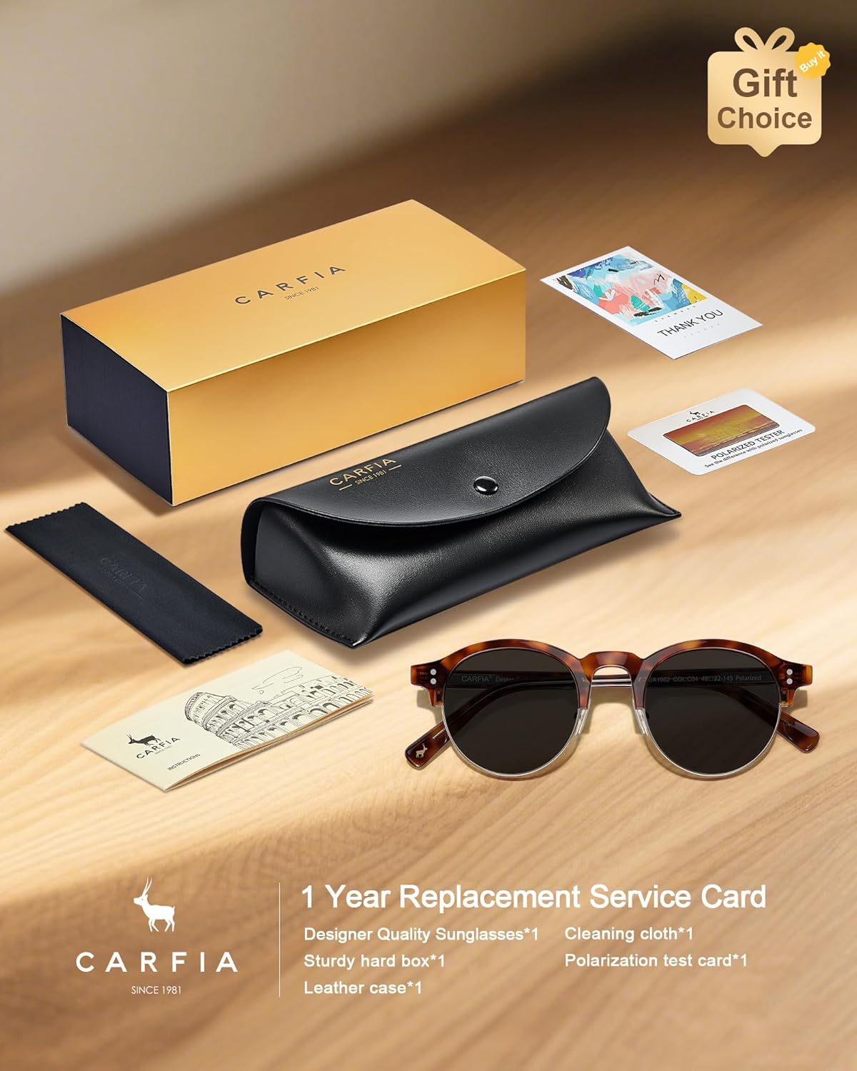 CARFIA Retro Round Polarized Sunglasses For Men, Acetate Semi-Rimless Frames Driving Sun Glasses UV 400 Protection - Image 7