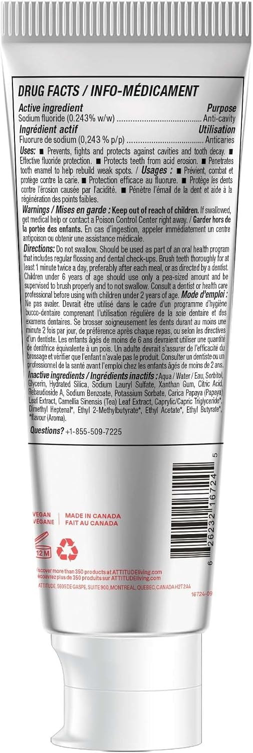 Attitude Toothpaste with Fluoride, Prevents Tooth Decay and Cavities, Vegan, Cruelty-Free and Sugar-Free, Watermelon, 4.2 Oz