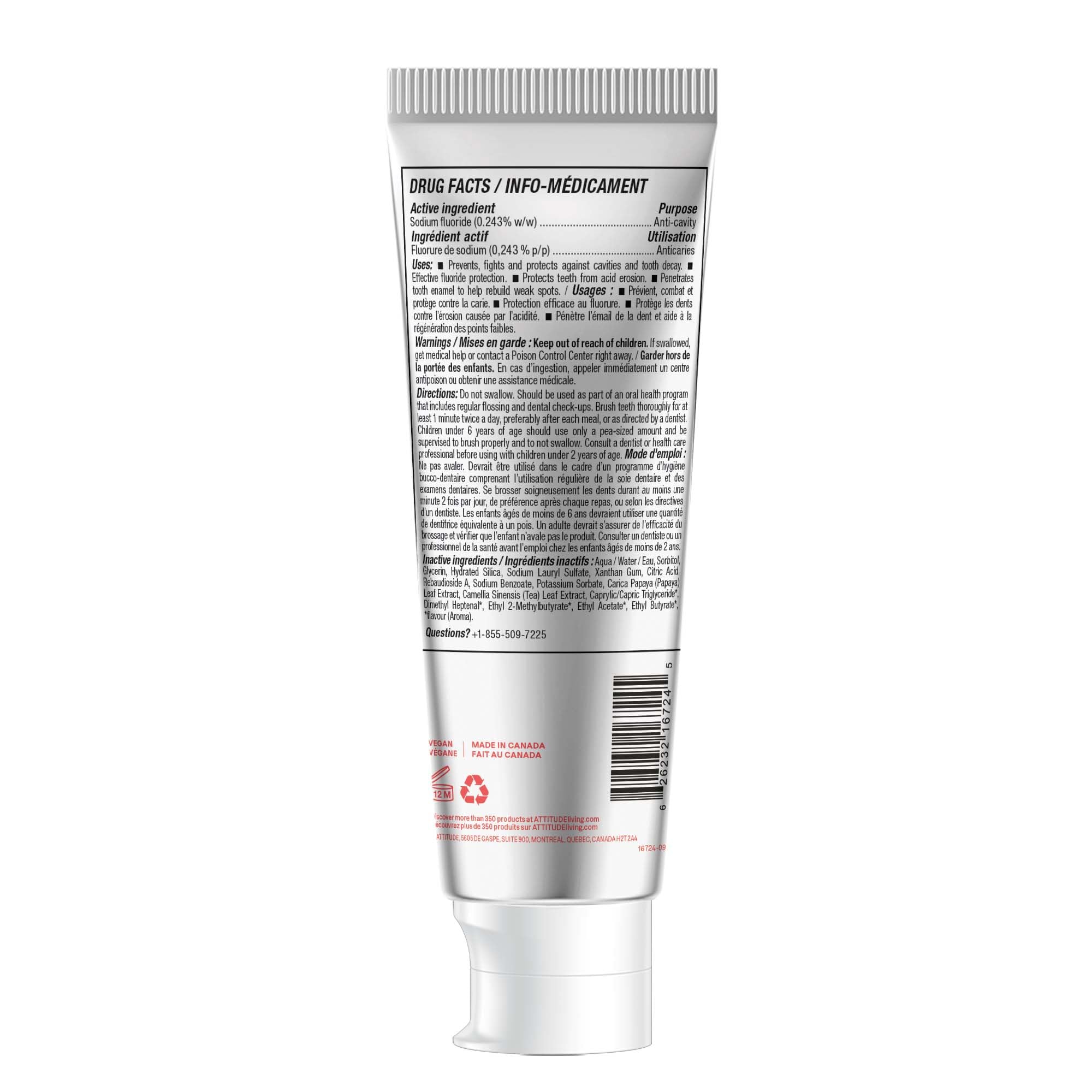 ATTITUDE Toothpaste with Fluoride, Prevents Tooth Decay and Cavities, Vegan, Cruelty-Free and Sugar-Free, Watermelon, 4.2 Oz
