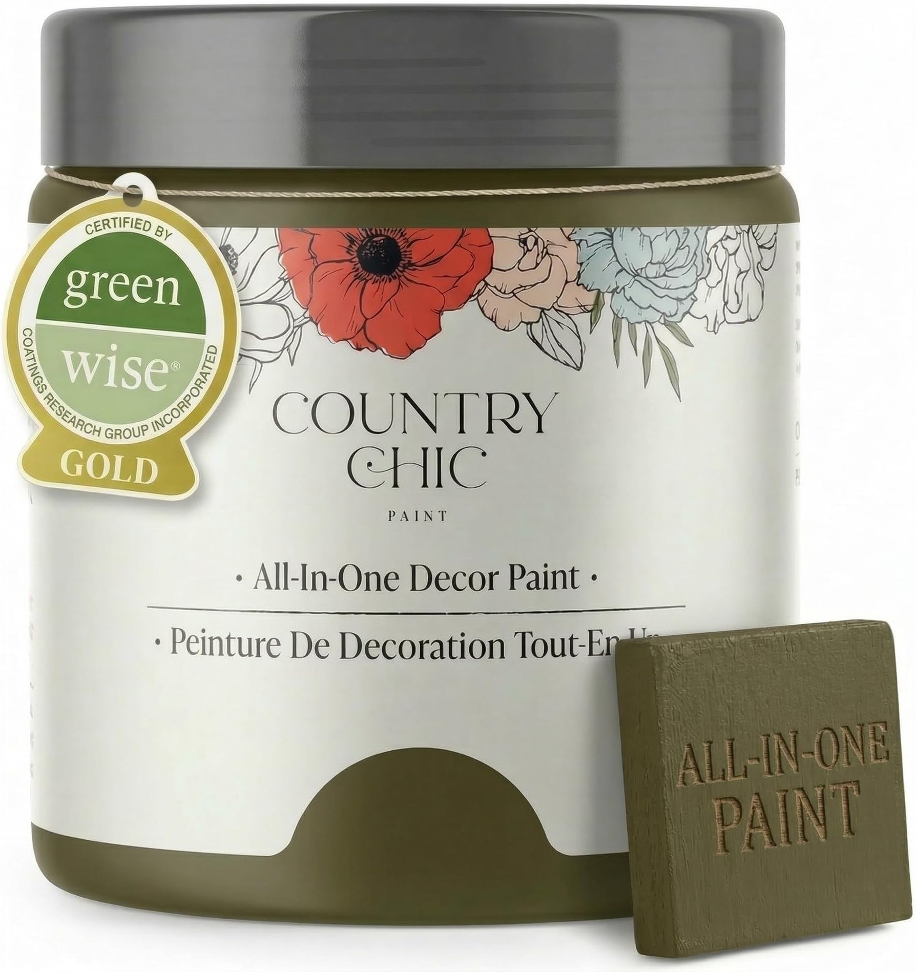 Country Chic All-in-One Chalk Paint for Furniture, Cabinets, Home Decor, Eco-Friendly, Matte Finish, Built-In Primer & Top Coat for Wood, Metal - Neverland (Olive Green) - Pint 16 oz (475 ml)