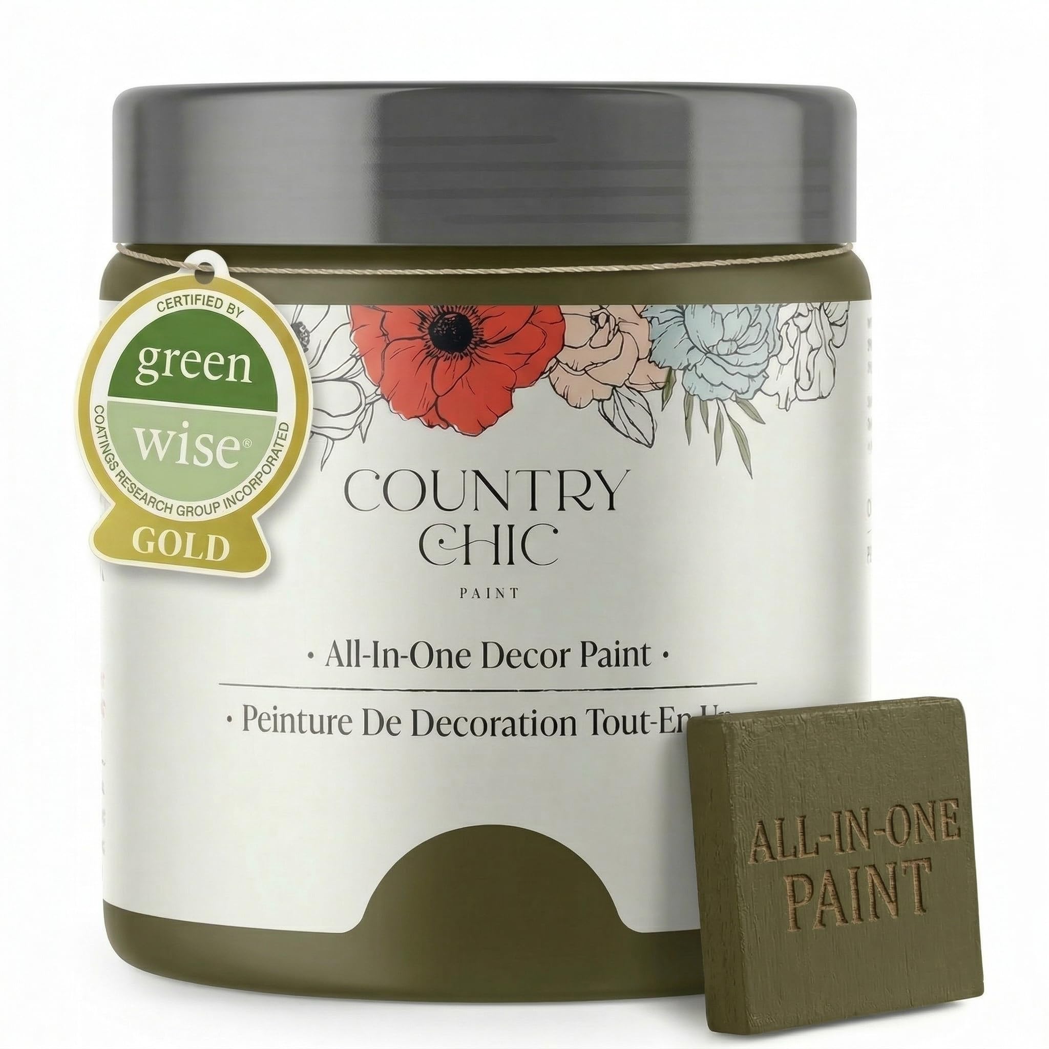 Country Chic All-in-One Chalk Paint for Furniture, Cabinets, Home Decor, Eco-Friendly, Matte Finish, Built-In Primer &amp; Top Coat for Wood, Metal - Neverland (Olive Green) - Pint 16 oz (475 ml)