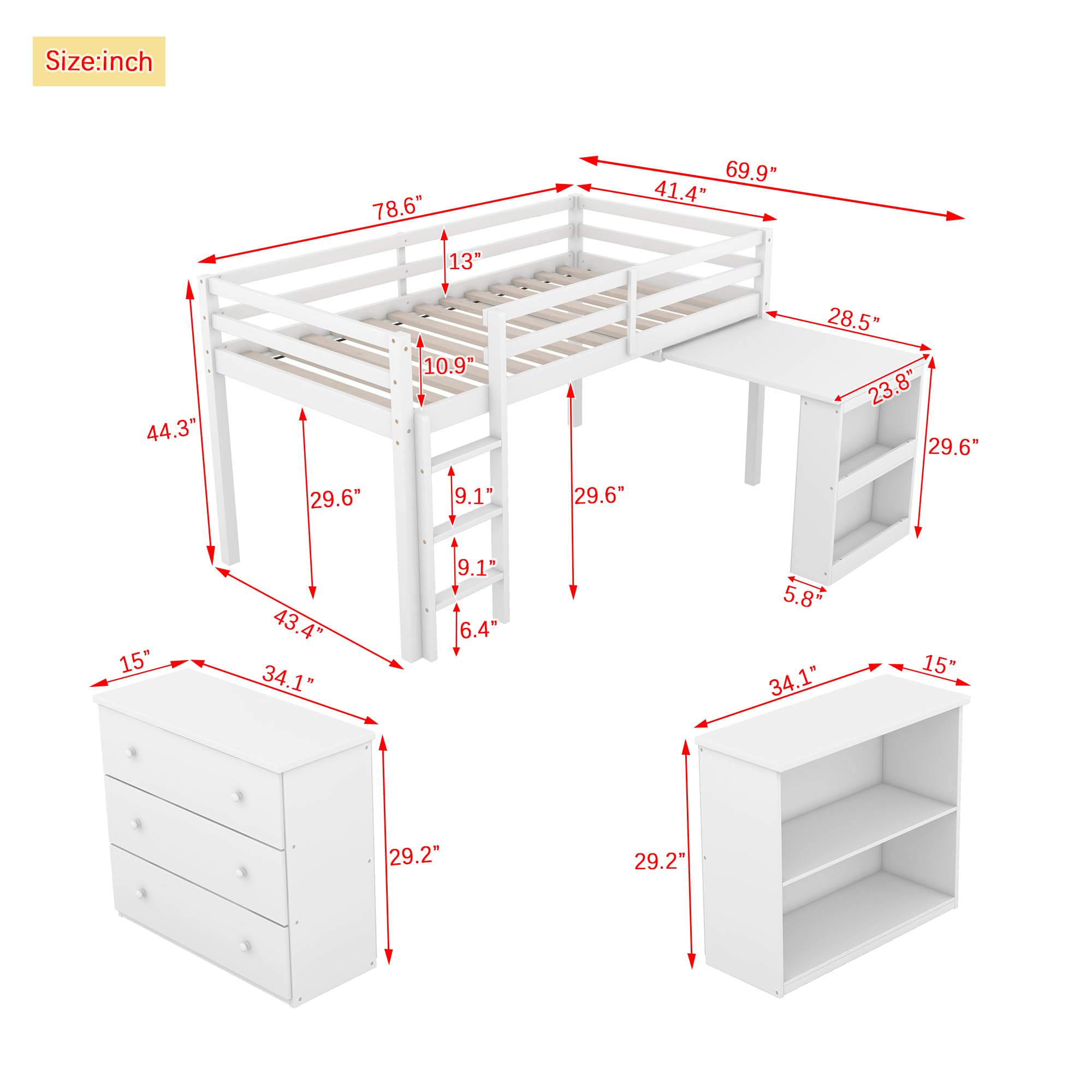 SOFTSEA Low Loft Bed with Pulling -Out Desk and Drawers, Loft Bed Twin Size with Shelf Cabinet, Twin Loft Bed with Stroage Case, White