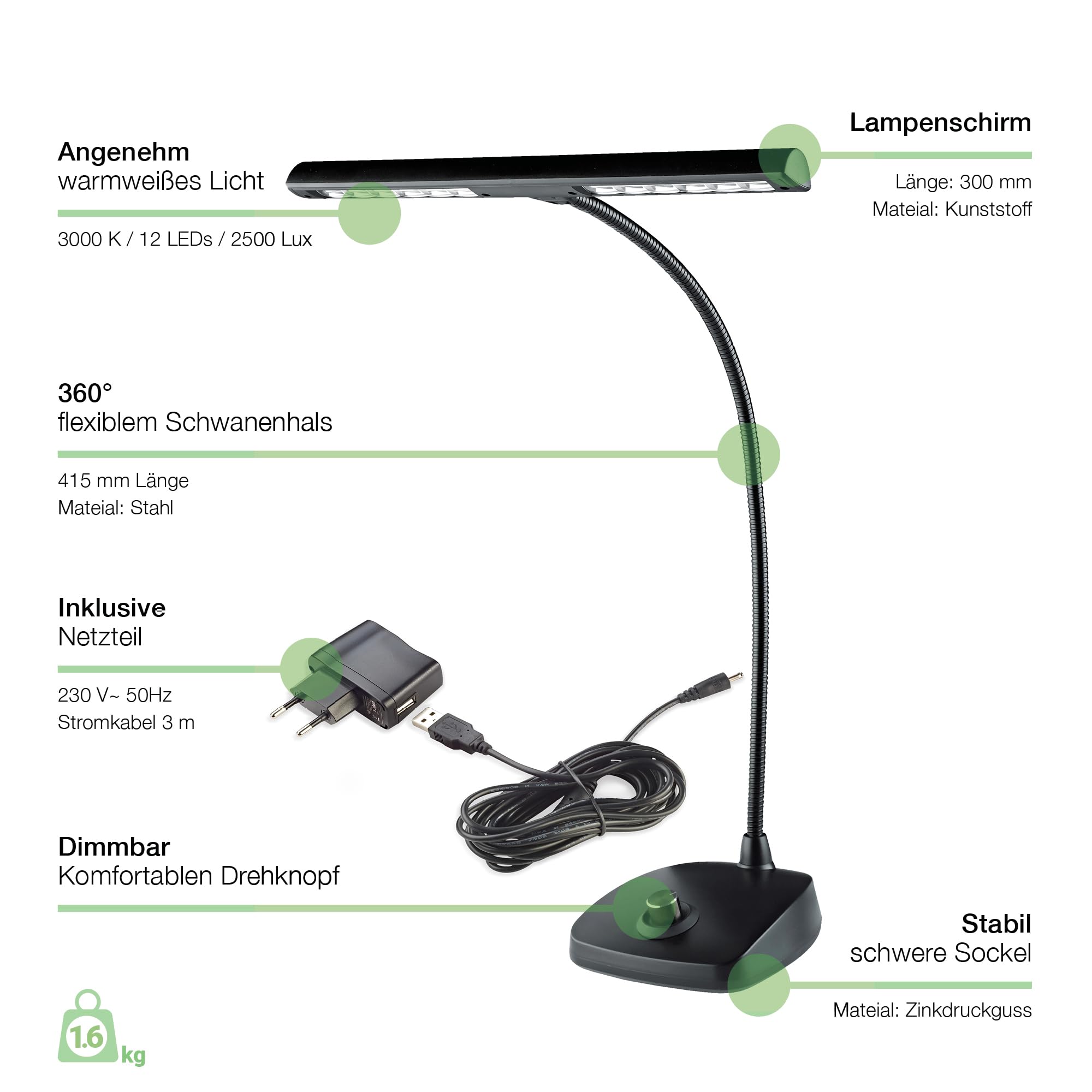 K&M 12298 LED-Pianoleuchte Schwarz – 30 cm Lampenschirm – 12 dimmbare LEDs - mit Schwanenhals, 2500 Lux Helligkeit
