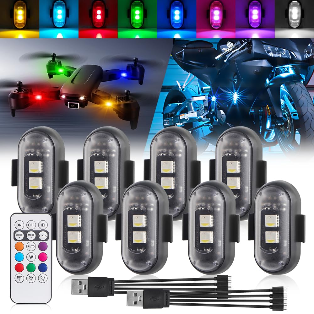 Luci Stroboscopiche LED Senza Fili con Telecomando, 8 Colori Ricarica USB Lmpermeabile Luce a LED per L'interno Dell'auto Moto Bicicletta Drone Camion Anti-collisione (8PCS)