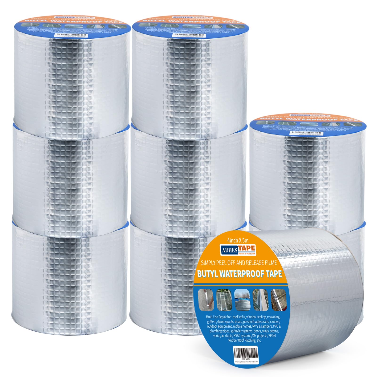 ADHES Butyl Tape Waterproof Tape, 9 Rolls x 4 inch x 16 feet, 47 mil Thick Aluminum Foil Tape Butyl Sealant tape for RV Repair, Window, Silicone, Boat and Pipe Sealing, Silver โ image 1