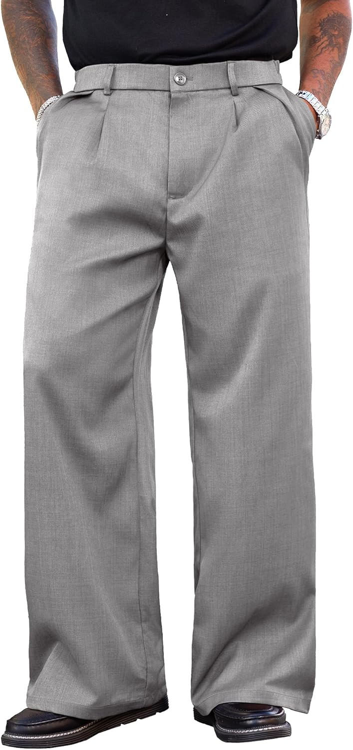 PLEPAN Men's Wide Leg Dress Pants Baggy Pleated Casual Trousers Relaxed Fit Elastic Waist Business Slacks