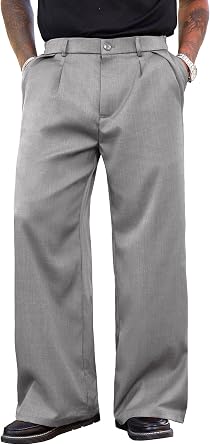 PLEPAN Mens Dress Pants Baggy Pleated Casual Trousers Relaxed Fit Slacks
