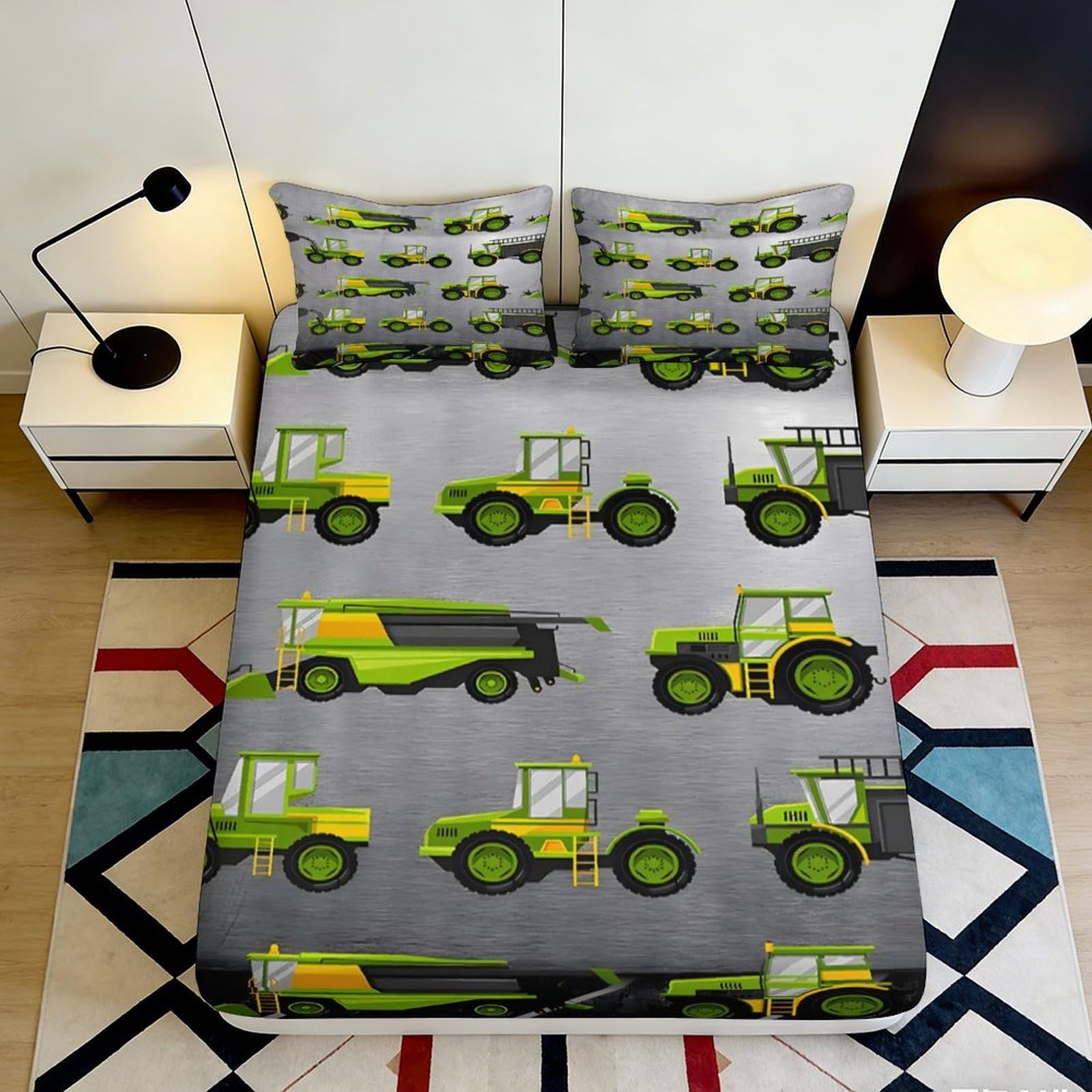 3D Printed Green Tractor Fitted Sheet Microfiber Soft Breathable Farm Vehicle Mattress Cover for Bedroom Guest Room Dorm Decor 160x200x25cm