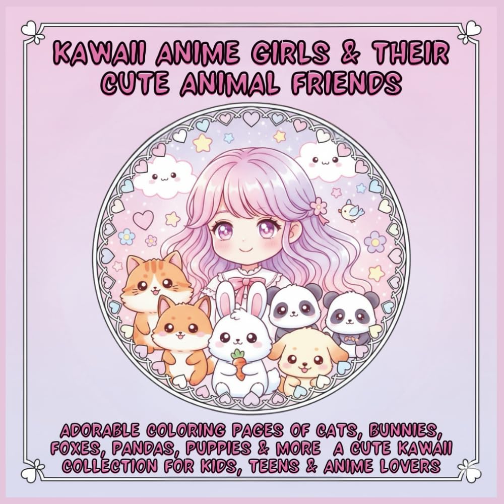 Kawaii Anime Girls & Animals Coloring Book: Cute Moments with Cats, Bunnies, Foxes, Puppies & More