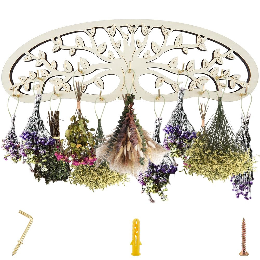 CREATCABIN Herb Drying Rack Hanging Wooden Tree of Life Dried Herb Flowers Rack Wall Art Wall-Mounted Holds 11 Hooks with Rope Space-Saving Gardeners Decoration for Plant Flower Dryer Keys Jewelry