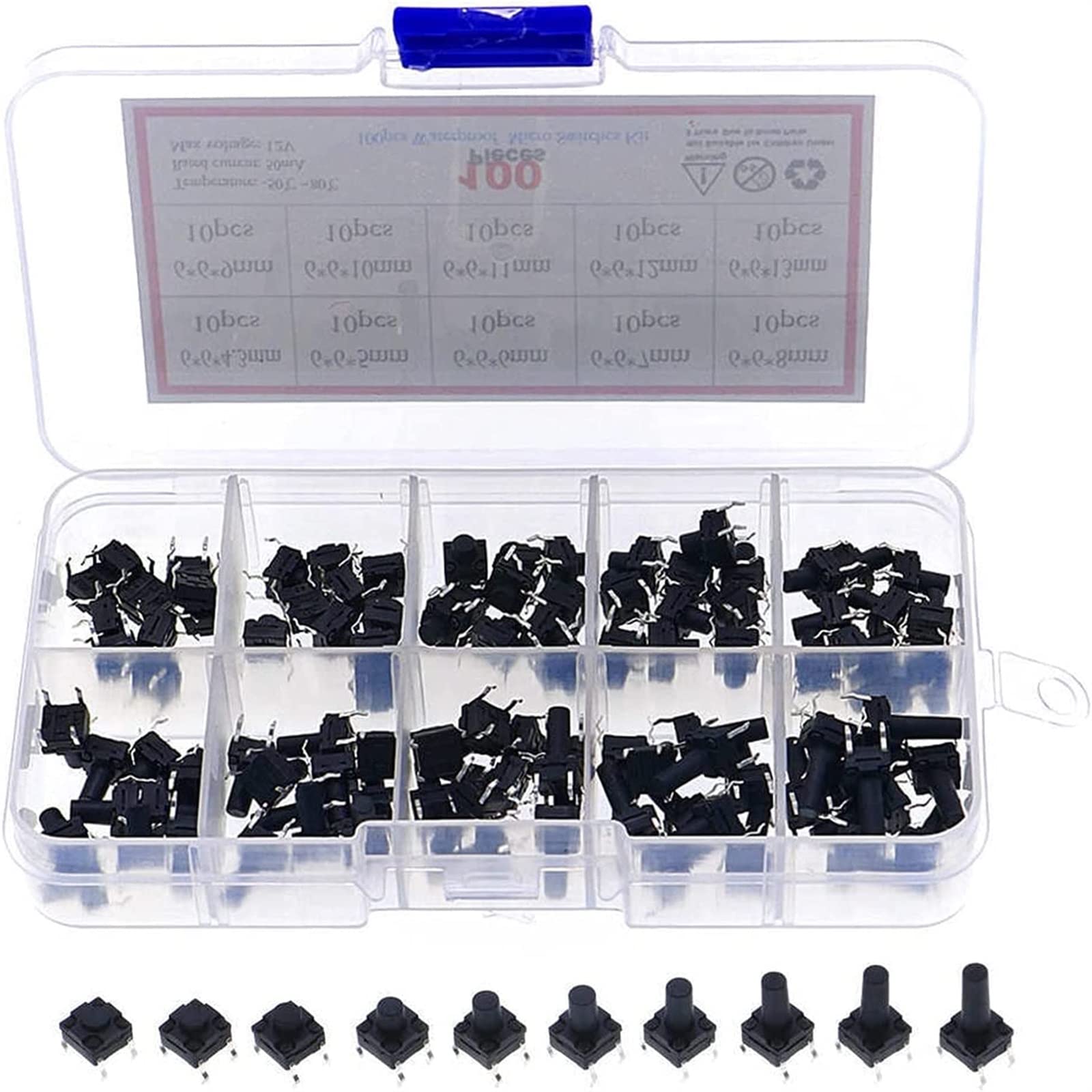 Micro-interrupteurs tactiles 6x6mm | Lot de 100 pièces 10 valeurs pour circuits