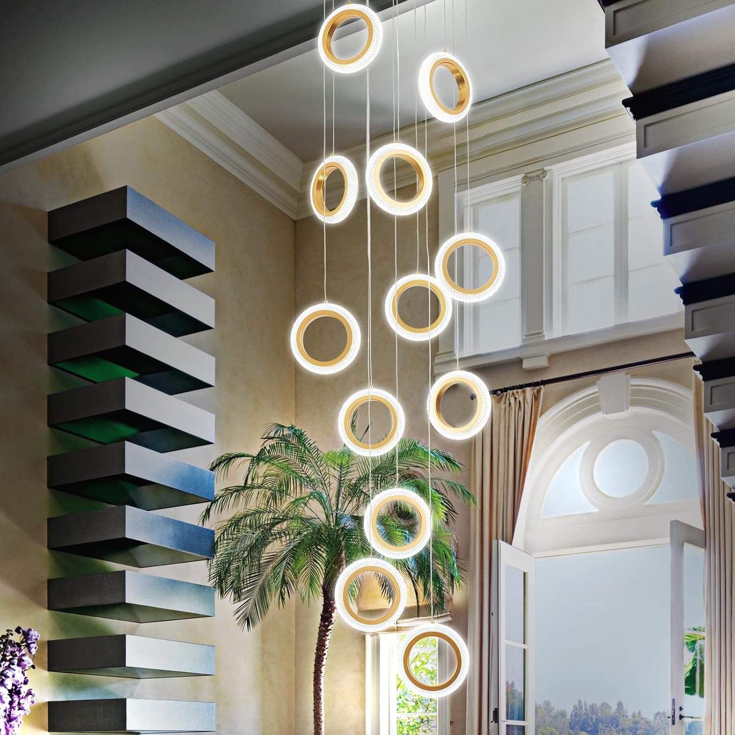 SHIANDAR 12 Rings Staircase Chandelier for High Ceilings,Gold Rings