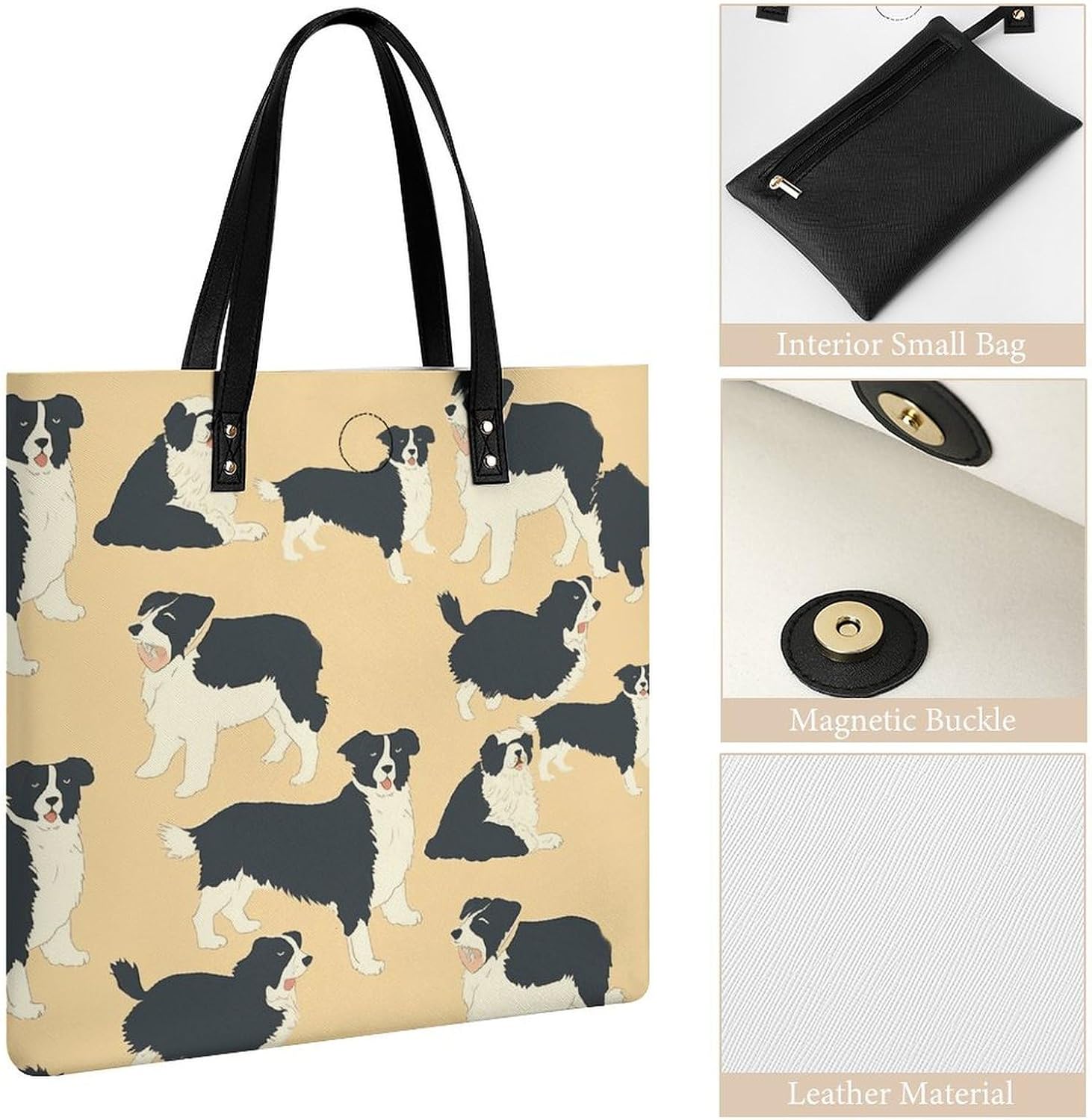 Border Collie Pattern Handbags Large Capacity, Tote Bag Stylish Slouchy, Shoulder Bags for Work Beach Travel And Shopping Grocery.