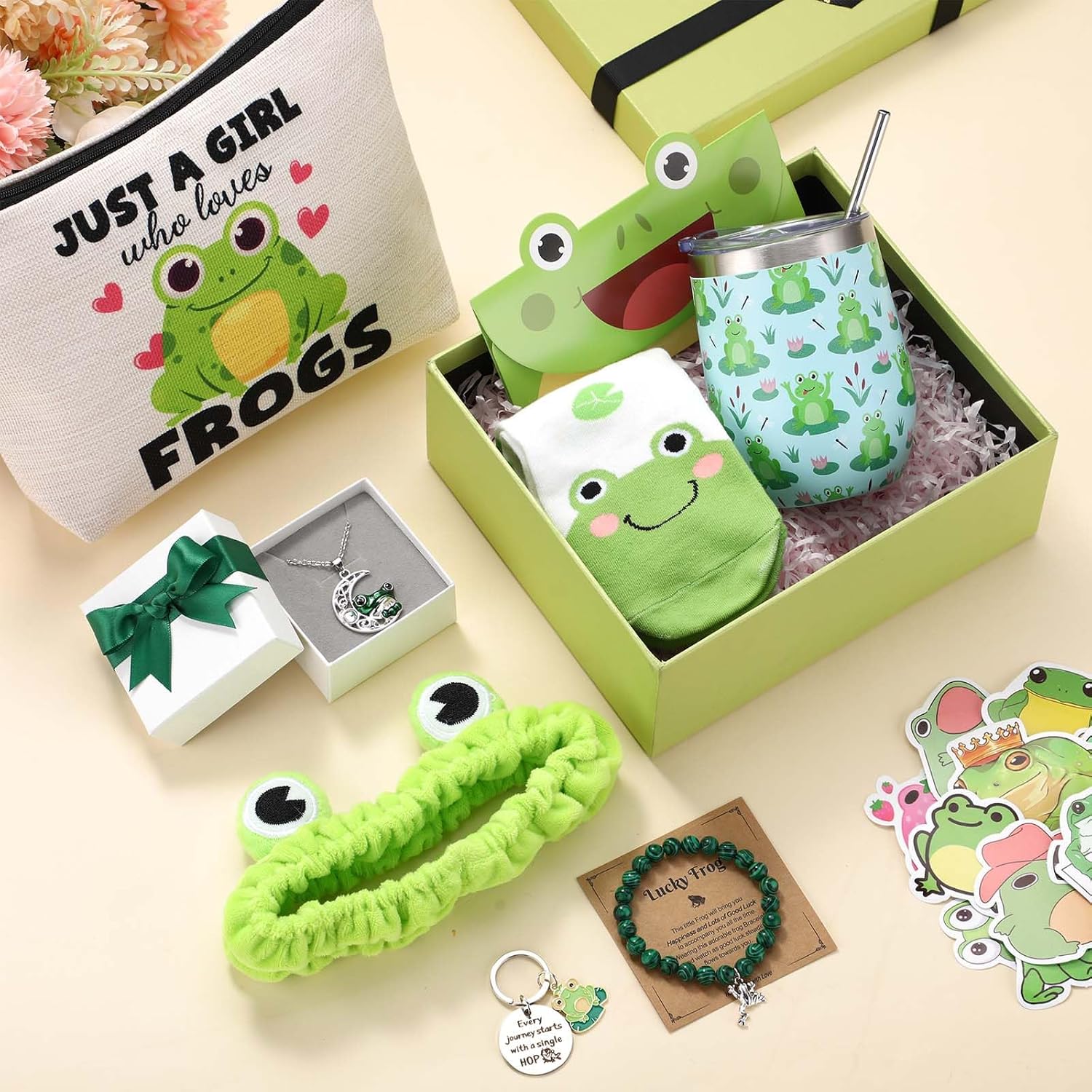 Landical 59 Pcs Frog Gift for Women Include Tumbler Mug Makeup Bag Sock Bracelet Necklace Scrunchie Wooden Ornament Greeting Card in Gift Box for Birthday Holiday Animal Lovers - Image 4