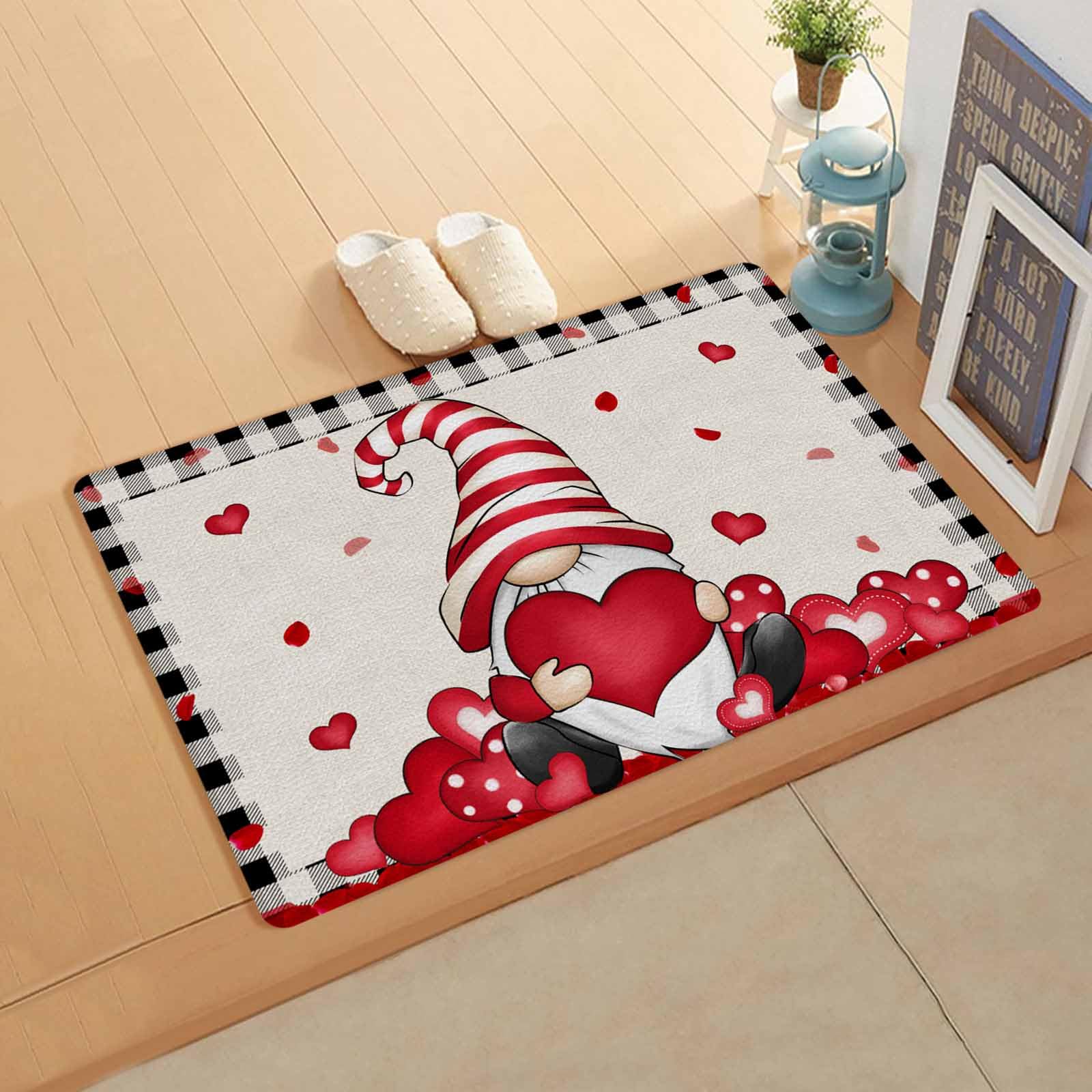 Valentine's Day Kitchen Bath Door Mat Cushioned Runner Rug,Washable Welcome Floor Sink Antifatigue Mat,Waterproof & Non-Slip Comfort Standing Doormat,Black Plaid Gnomes Red Love Heart 18