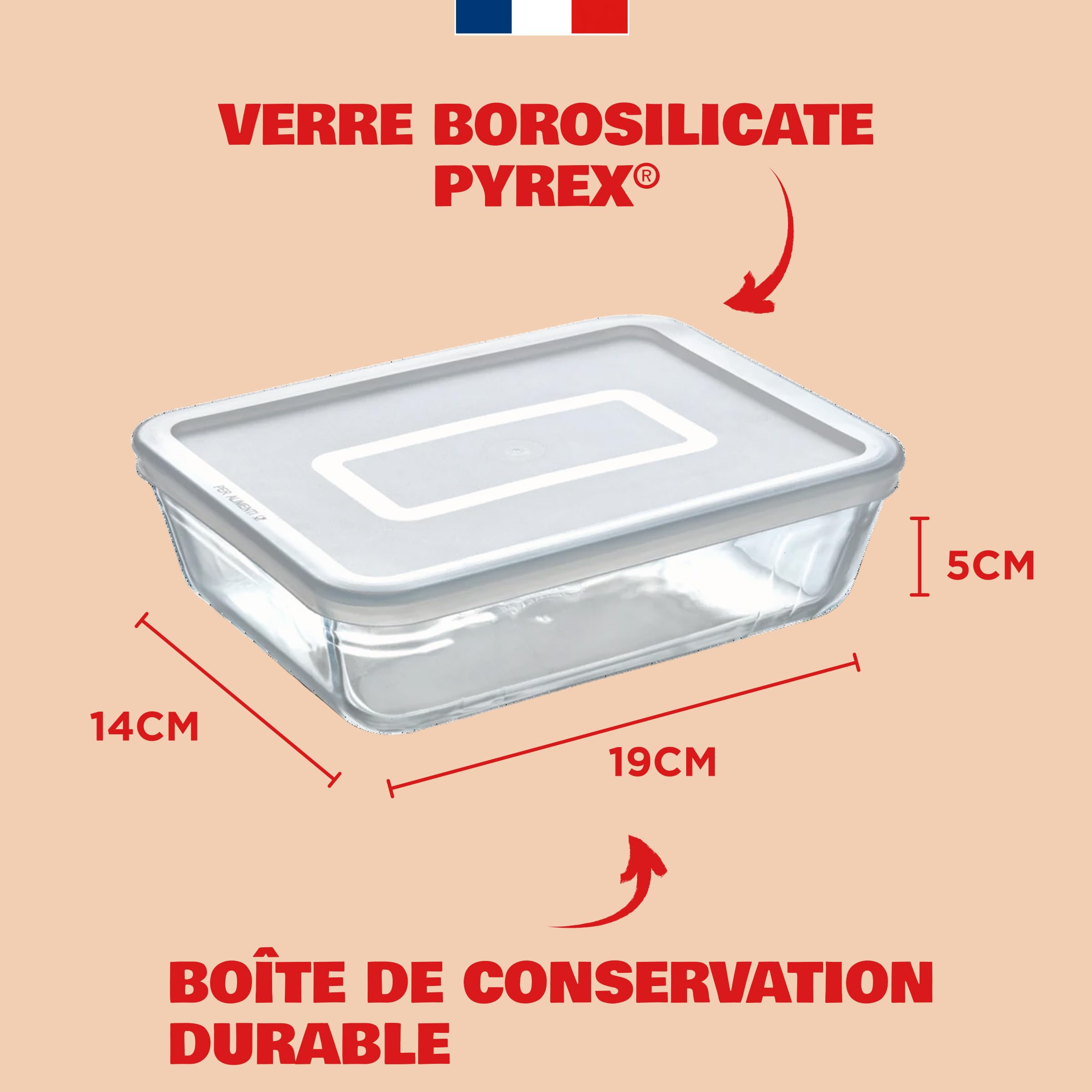 Pyrex Boîte de Conservation Rectangulaire 19x14 cm Verre borosilicate Plat à Four