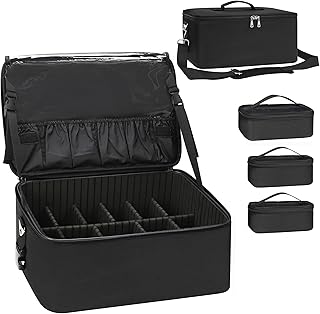 Relavel Makeup Bag Large Makeup Case Professional Cosmetic Storage Organizer Box Brush Holder with 3 Clear Set Bags for Makeup Artists with Shoulder Strap & Adjustable Dividers