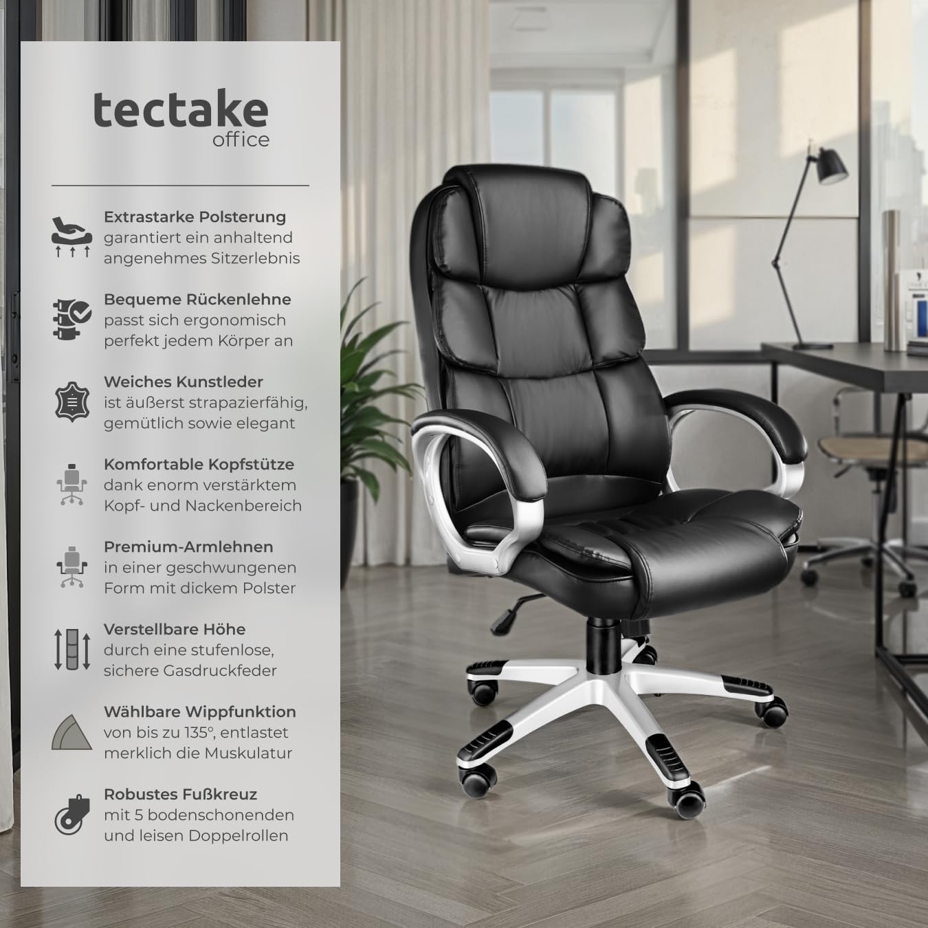 tectake® Chefsessel, Bürostuhl mit 12 cm Polsterung, Schreibtischstuhl mit Armlehnen & Wippfunktion, ergonomischer Bürostuhl, höhenverstellbar, PC Stuhl, Drehstuhl mit Rollen in Lederoptik - schwarz