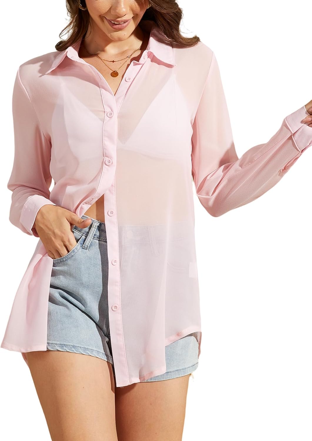 Arssm Sheer Tops for Women Sheer Button Up Blouse Long Sleeve Sexy See Through Tops Mesh Shirts