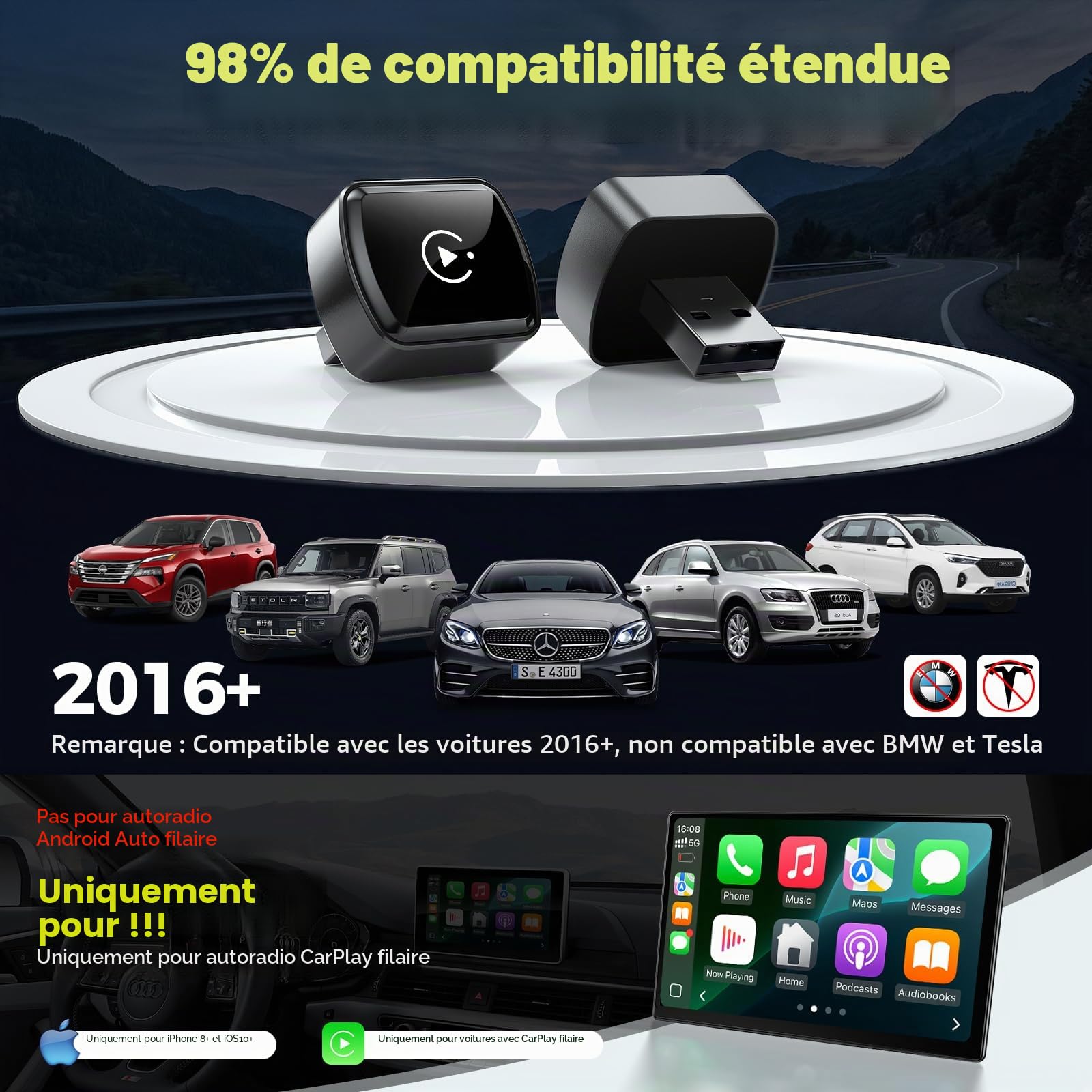 LAMTTO Adaptateur CarPlay sans Fil pour iPhones&Android Auto avec AirPlay/Miracast,Convertit Car Play Filaire en sans Fil Plug&Play,Compatible Uniquement avec Les Véhicules équipés de CarPlay Filaire