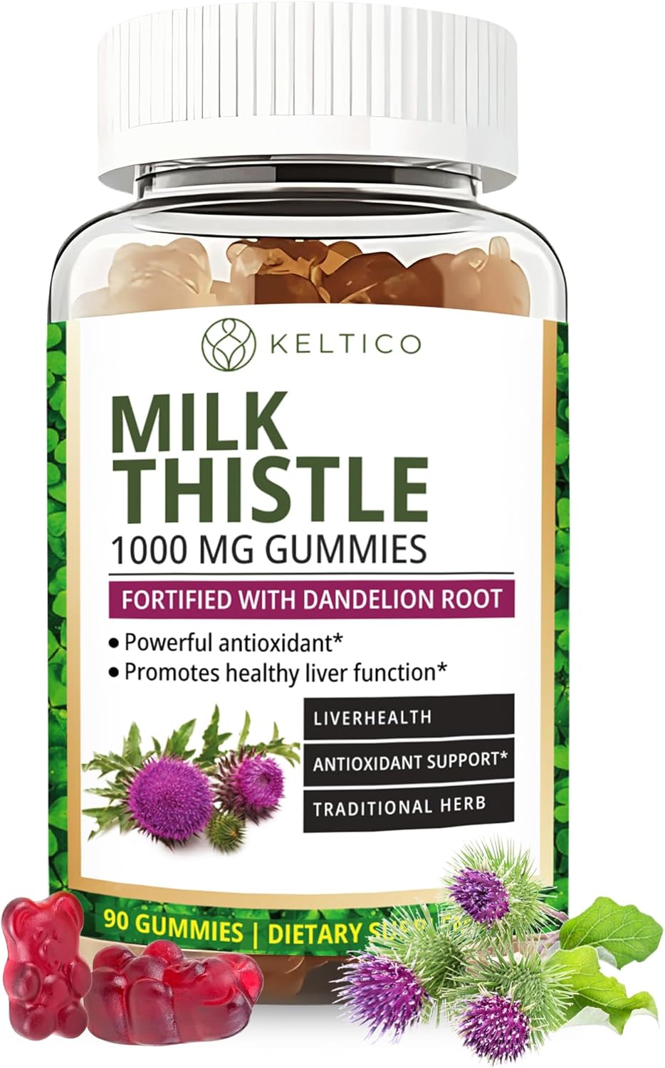 Milk Thistle Gummies – Liver Support & Detox with Dandelion Root – 1000mg – Vegan, Gluten-Free – 45 Day Supply – Keltico
