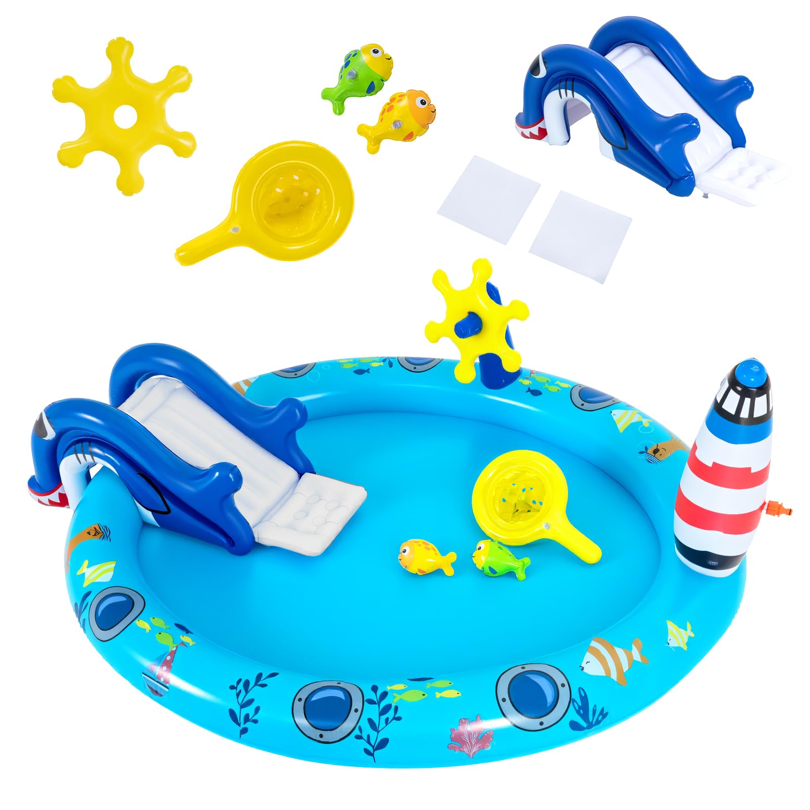 HOMASIS Piscina Gonfiabile per Bambini 2-6 Anni, Piscinetta con Scivolo Sicuro, Spruzzo a Faro e Giocattoli, Parco di Giochi in Vinile, Gonfiaggio Facile, per Cortile e Giardino, 188 x 153 x 63 cm