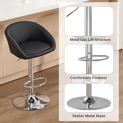 Miniatura 7 de Juego de 2 taburetes de bar, modernos taburetes de bar giratorios de piel sintética, silla de isla ajustable con base de metal plateado reposapiés