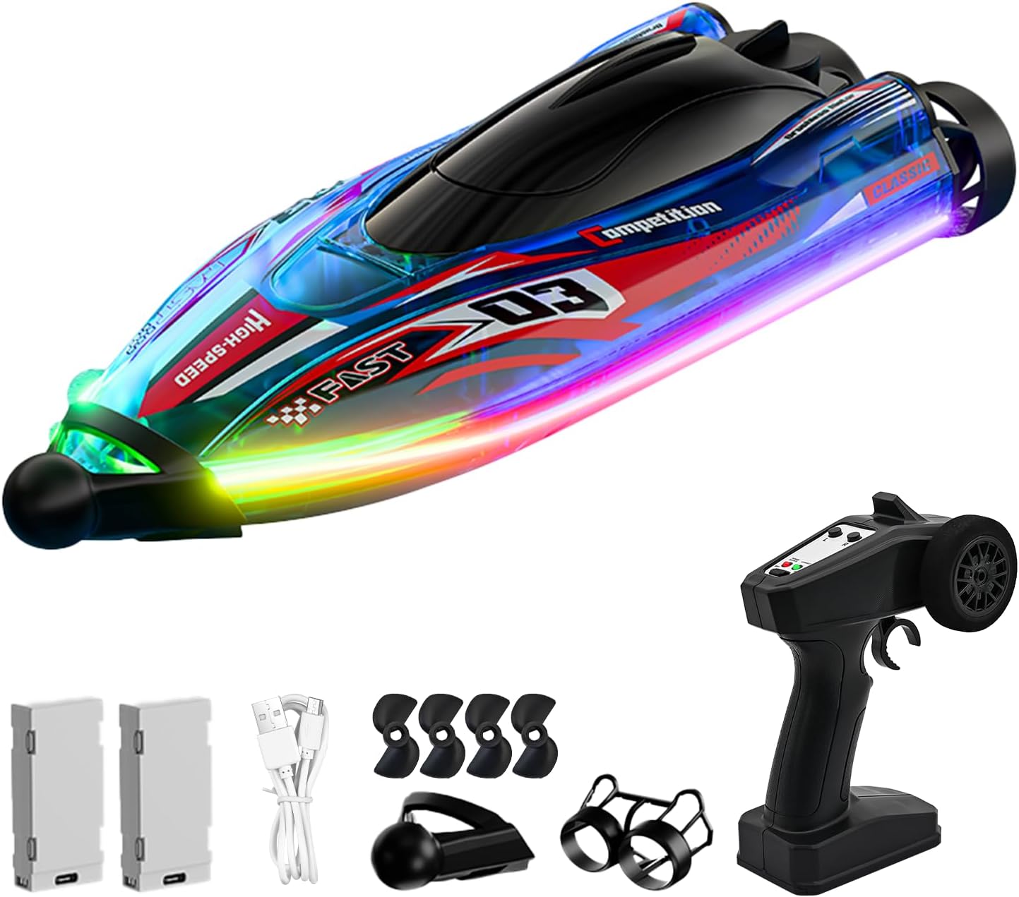 RC Boat with LED Light, Dual Brushless Remote Control Racing Speed Boat for Kids Ages 8-12 with 2 Batteries 25KM/H 2.4GHz Low Battery Pool&Lakes Summer Water Play Toy Gift for Boys Girls Adults Blue