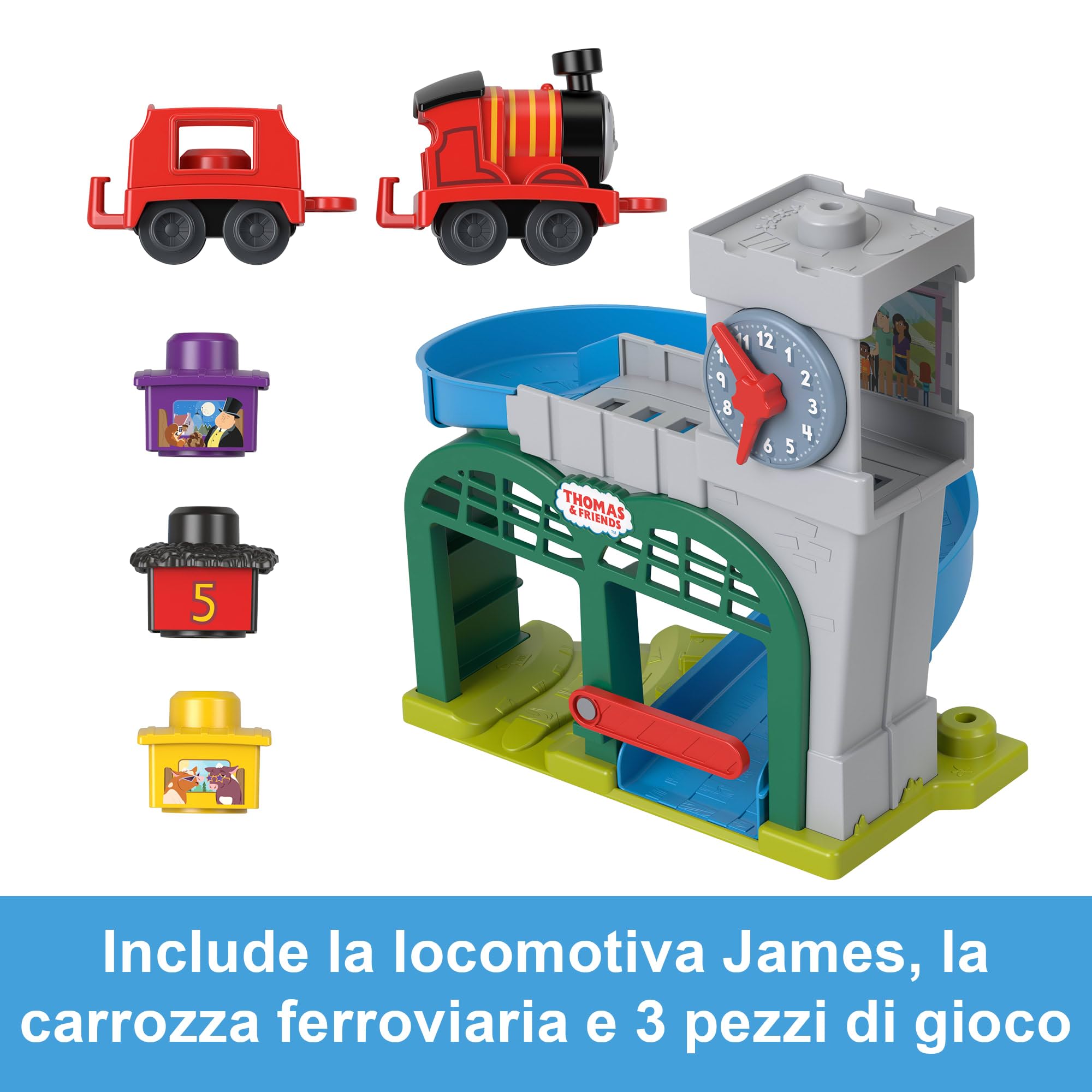 Thomas & Friends - Il Trenino Thomas - La mia Prima Stazione di Knapford, playset con trenini e 3 Pezzi di carico impilabile e oscillante, Stazione con Orologio e rampa, 1+ Anni, HXW24