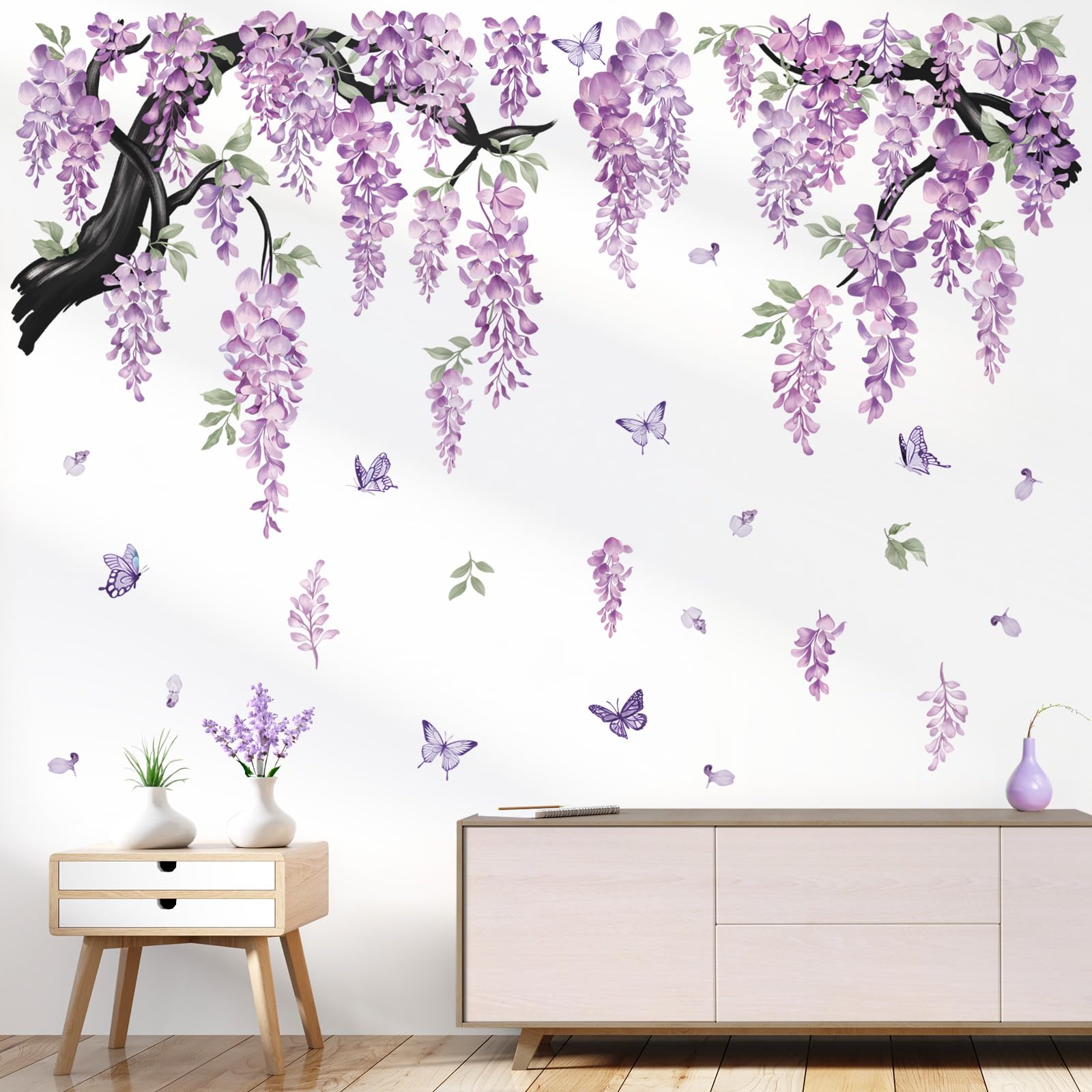 wondever Large Flower Tree Branch Wall Stickers Purple Hanging Vine Floral Butterflies Peel and Stick Wall Art Decals for Living Room Bedroom TV Wall - Image 3