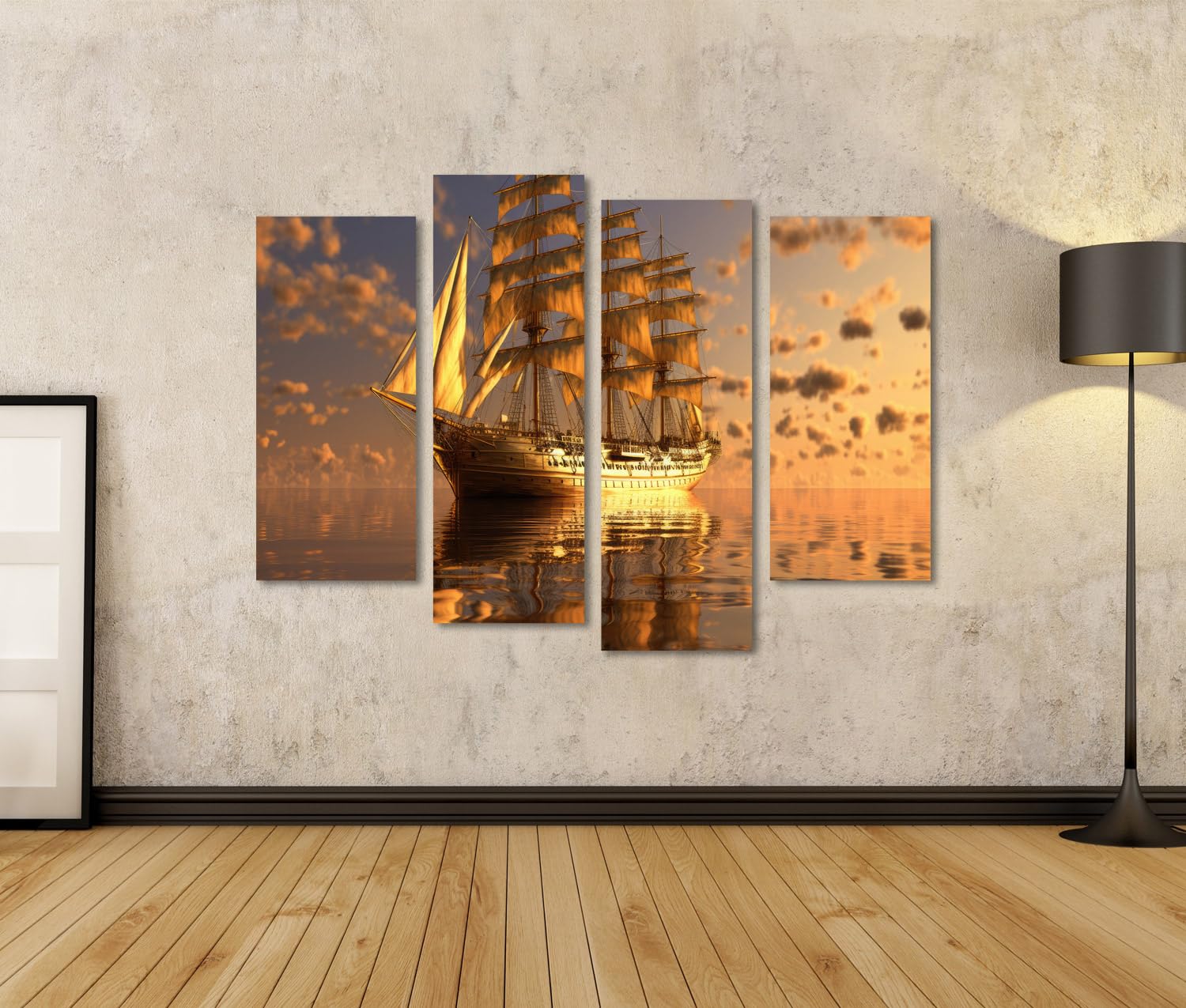 islandburner Quadro su tela Barcone dorato, un veliero master con arte astratta delle onde JEUA Quadri Stampe Immagini Murale Decorazione da parete
