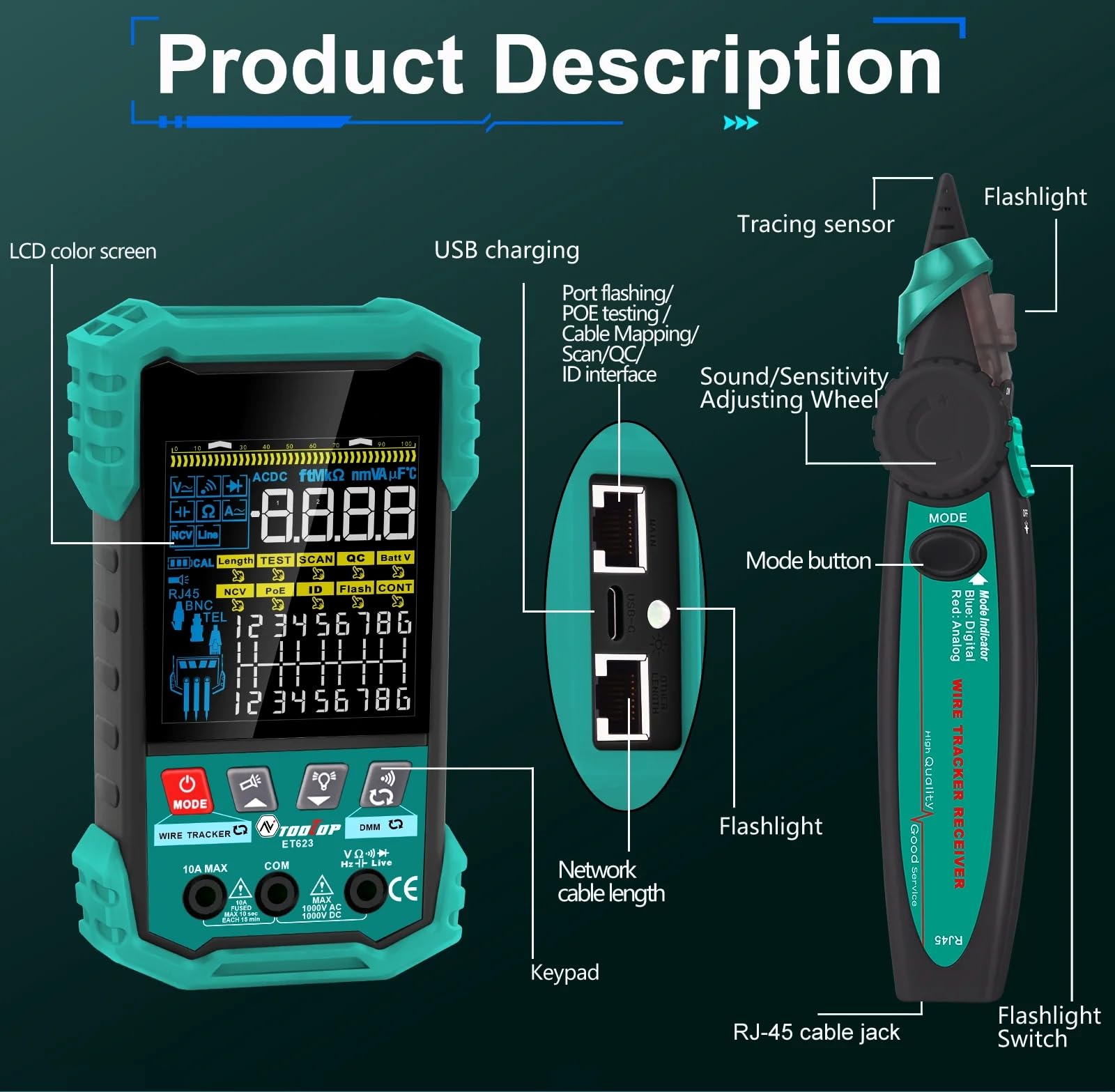 3.2-Inch Multifunctional 400M Network Cable Tester POE Test LAN Cable Mapping Multimeter NCV Telephone Line Tracker Tool(ET623 With Multimeter function)