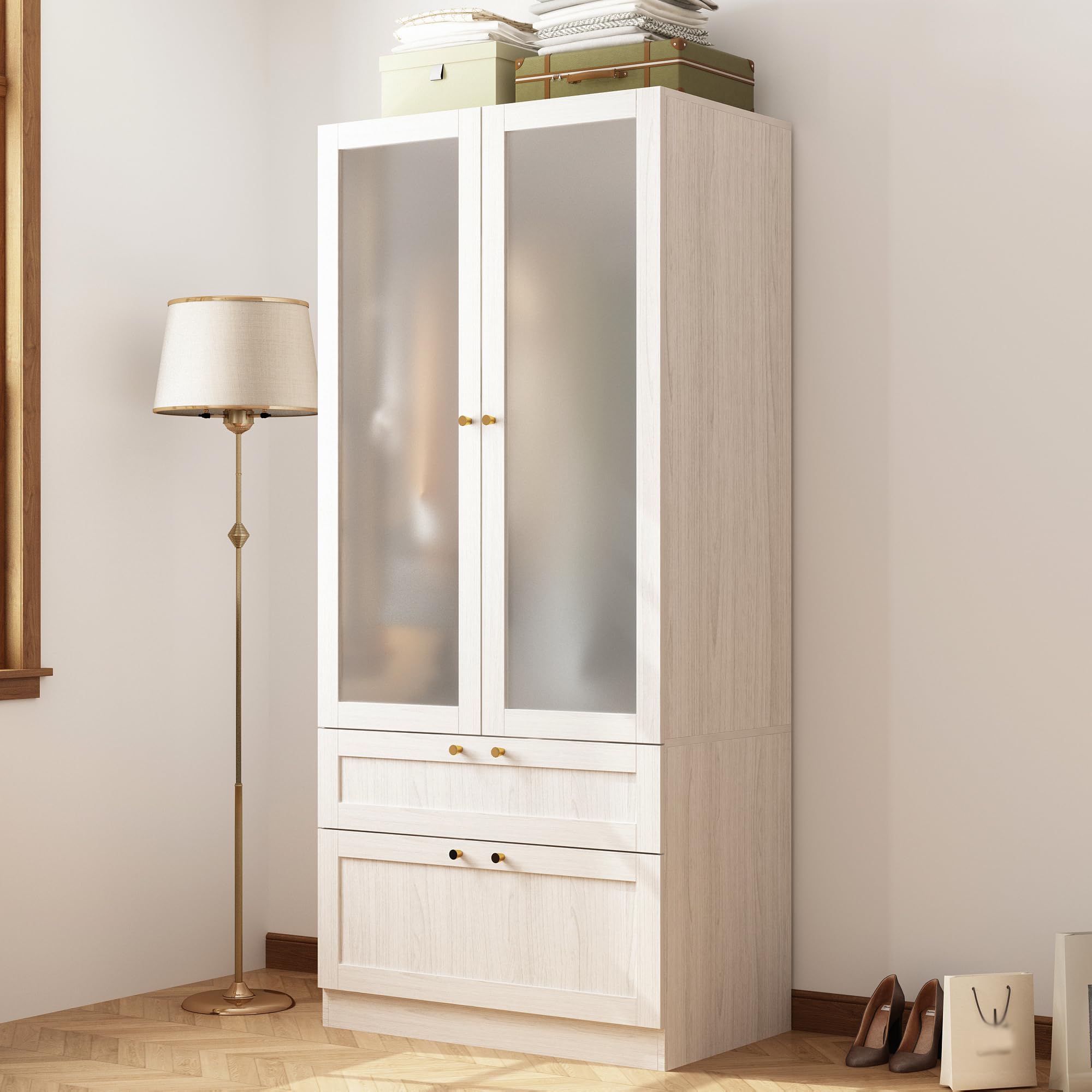 Hitow Wardrobe Cabinet with Frosted Glass Doors, Wooden Armoire Closet with 2 Drawers & Hanging Rod, Modern Bedroom Wardrobe Armoire Closet for