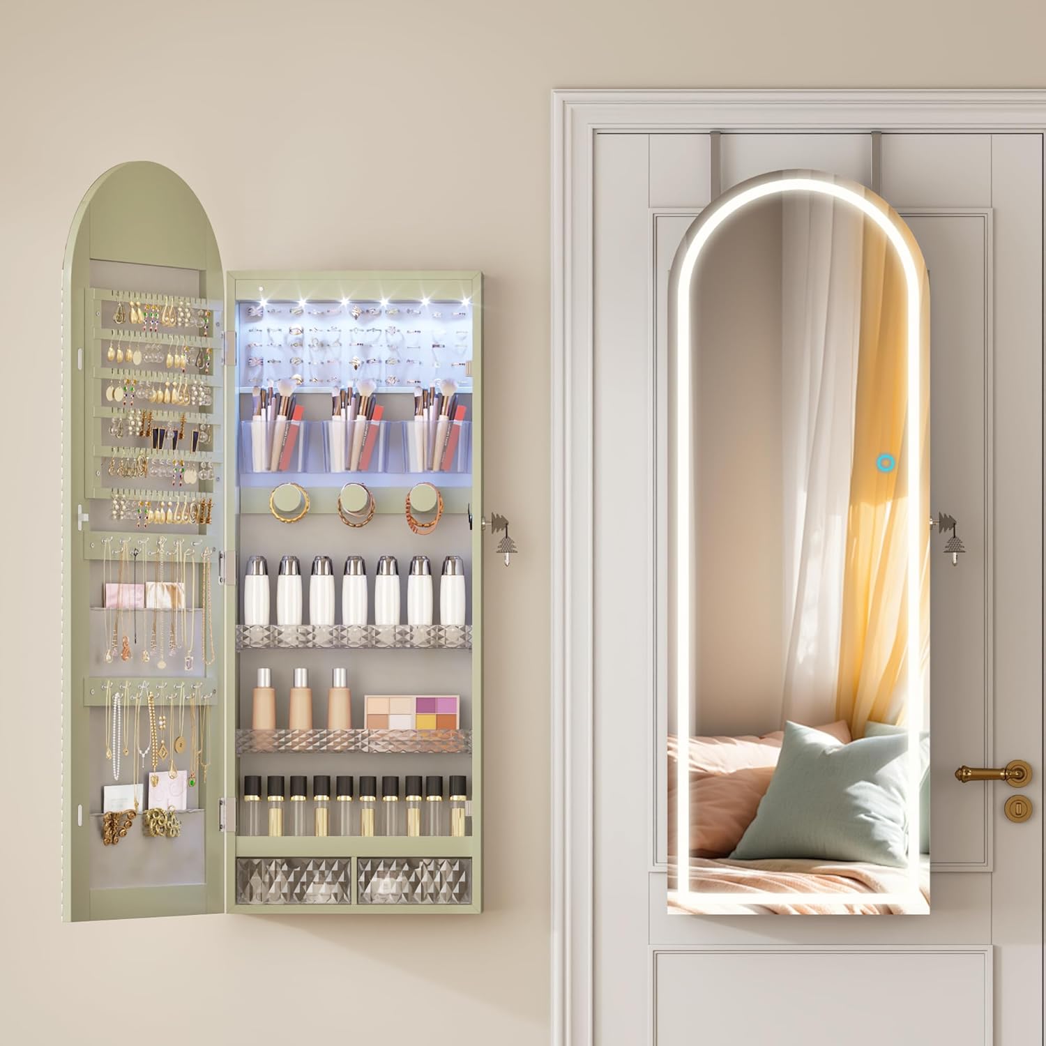 LVSOMT Wall Mounted Jewelry Organizer Lockable, Door Hanging Arched Mirror with Lights and Jewelry Storage, 6 LEDs Jewelry Cabinet (Laurel Green)