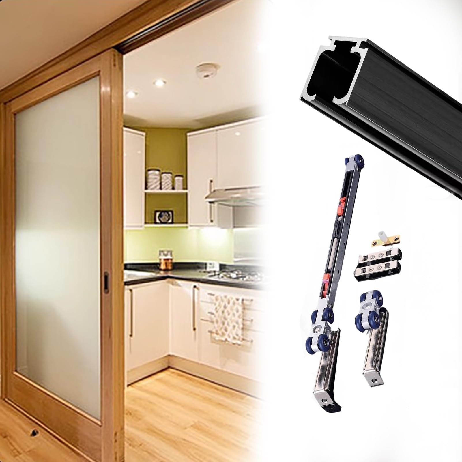 Kitchen Sliding Door Pocket Door Track, Aluminum Box Rail Rollers Kit for Barn/Closet Doors, 2 to 30ft Slide Doors Hardware with Soft-Close Set(Black,7ft/2.1m)