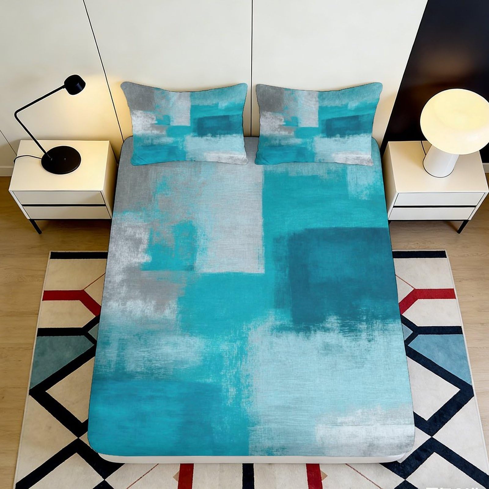 Dhbaneiok Style-5 3D Printed Abstract Aqua Blue Fitted Sheet Microfiber Soft Modern Geometric Mattress Cover For Bedroom Dorm Decor 90X200x25cm