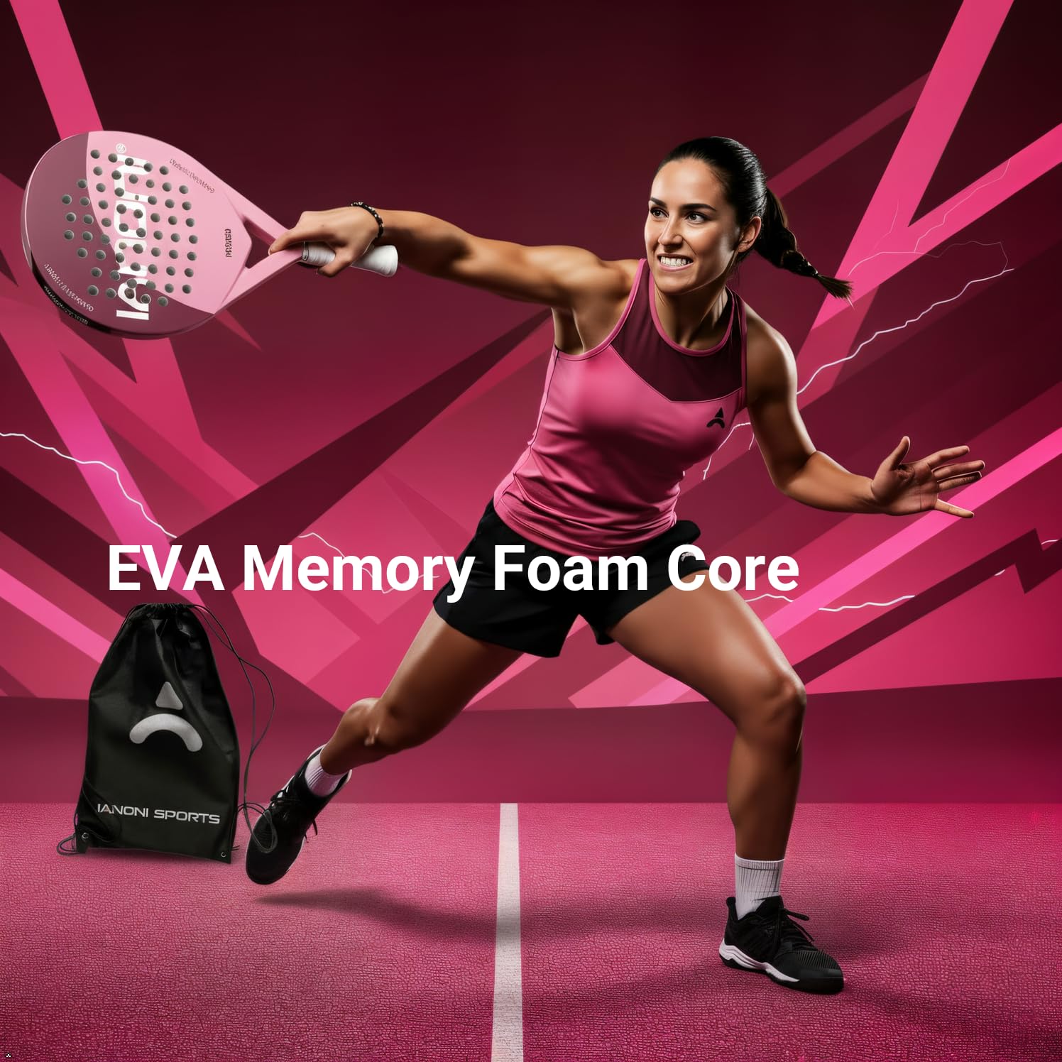 ianoni Racchetta da padel con superficie in fibra di carbonio con nucleo in schiuma EVA Memory Flex – 8500 rosa racchetta + borsa + 3 palline Pro + presa extra