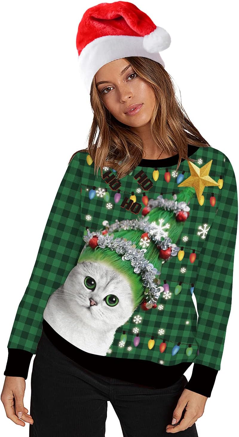 Green Christmas Ugly Sweater Women Tree Cat Sweatshirt Men Crewneck Graphic Pullover Party, M