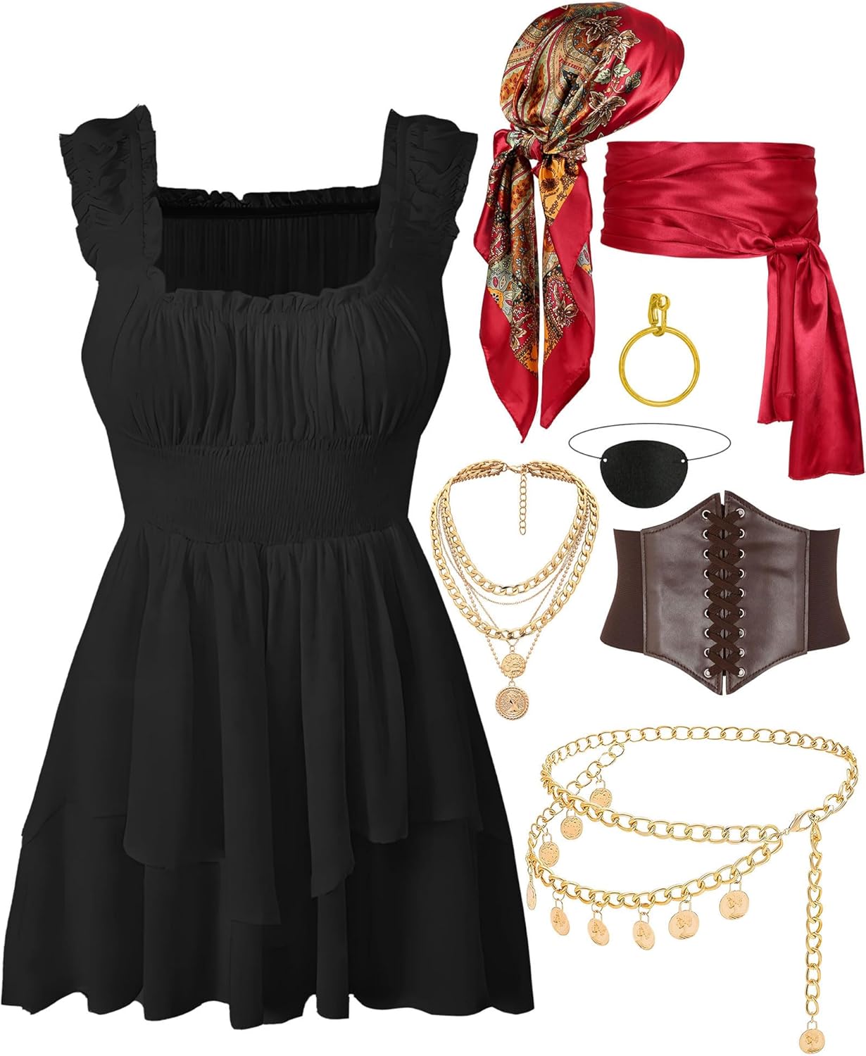 Pirate Costume Women Dress Corset Head Scarf Sash Chain Belt Necklace Eye Patch Party Outfit Pirate Accessories