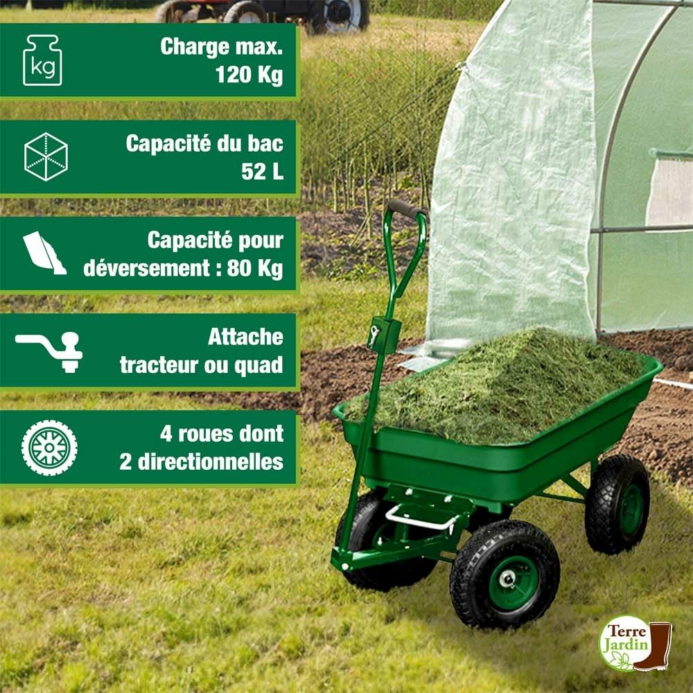 TERRE JARDIN Brouette de Jardin 4 Roues gonflables 120 Kg, Benne Basculante 52 L, Chariot à Bois bûche, Transport Bois de Chauffage, Remorque Attelage intégré - Capacité Basculée 80 Kg