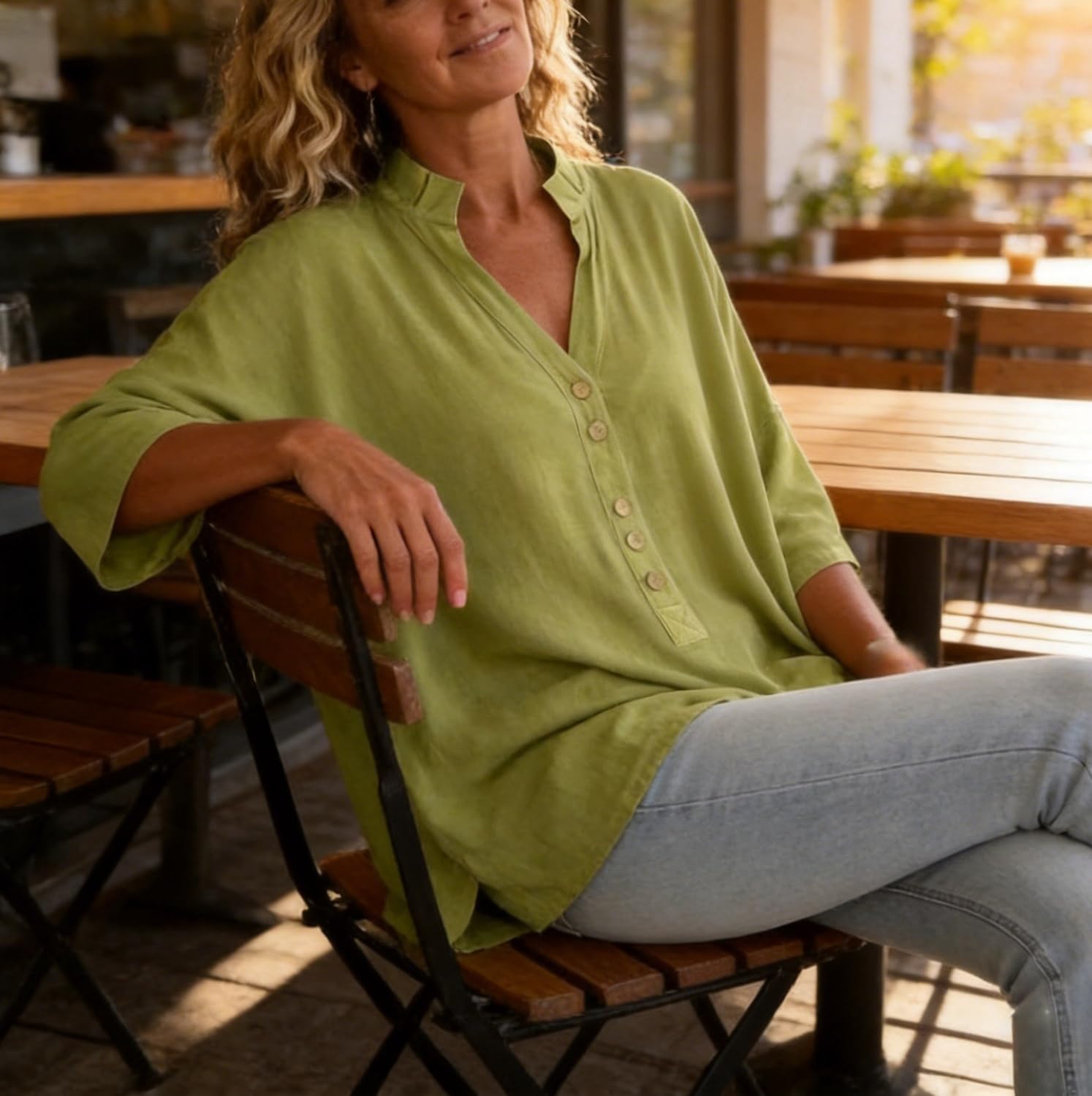 Blusa Casual de Mujer, de Manga Corta, Cuello en V, Corte Holgado, de algodón y Lino, con Botones Frontales
